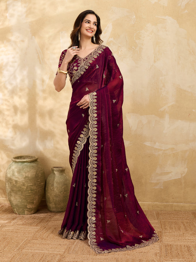 Maroon Satin Embroidery Work Saree with Unstitched Blouse Piece