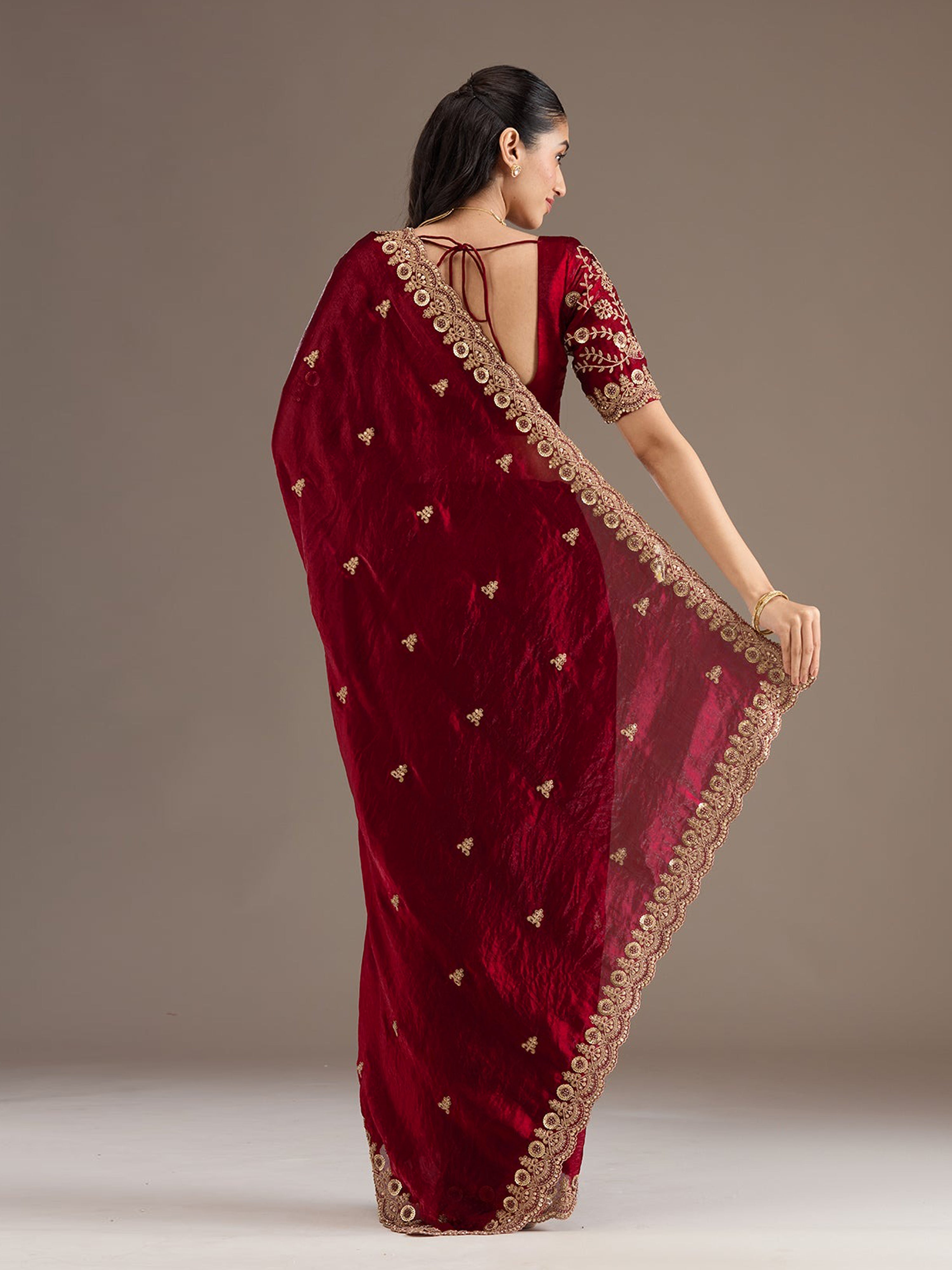 Maroon Satin Embroidery Work Saree with Unstitched Blouse Piece
