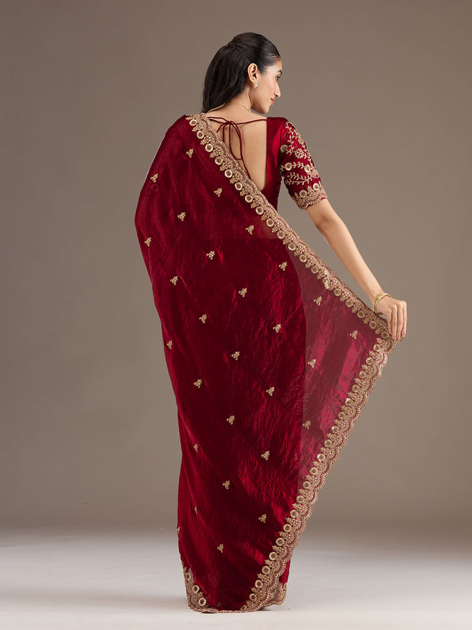 Maroon Satin Embroidery Work Saree with Unstitched Blouse Piece