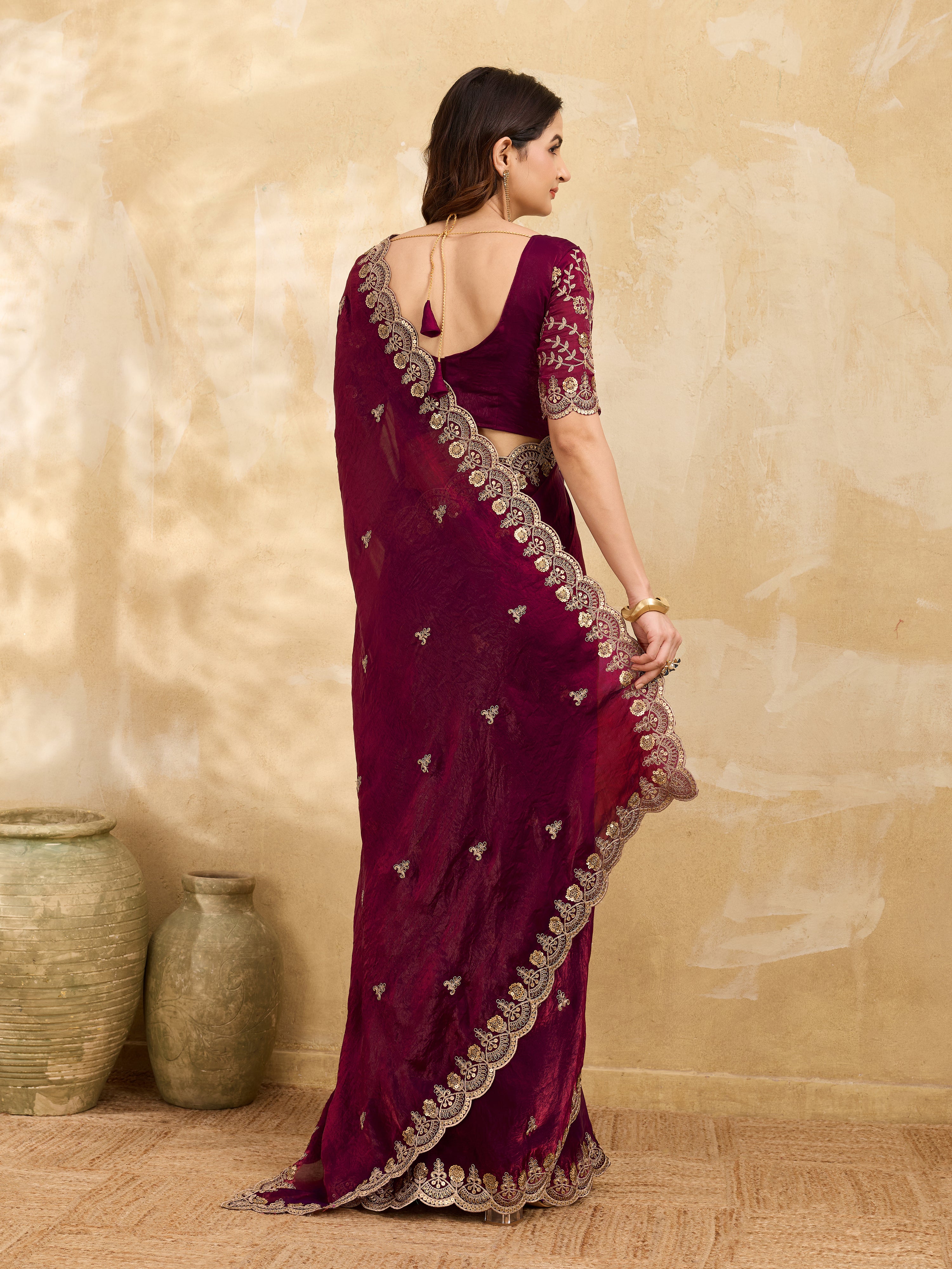 Maroon Satin Embroidery Work Saree with Unstitched Blouse Piece