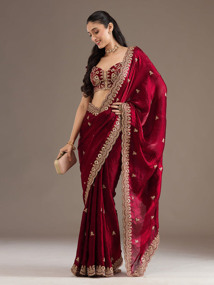 Maroon Satin Embroidery Work Saree with Unstitched Blouse Piece