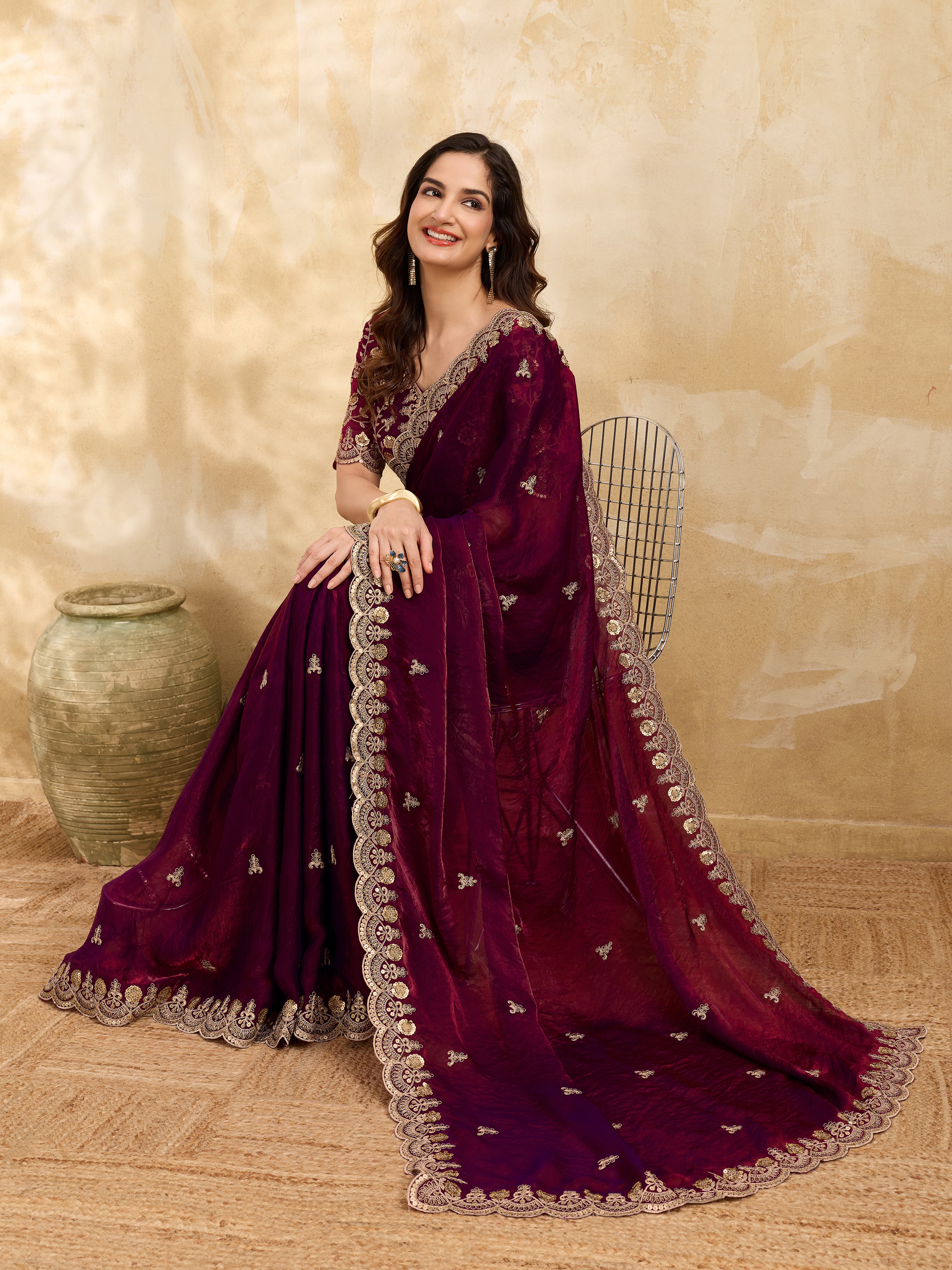 Maroon Satin Embroidery Work Saree with Unstitched Blouse Piece