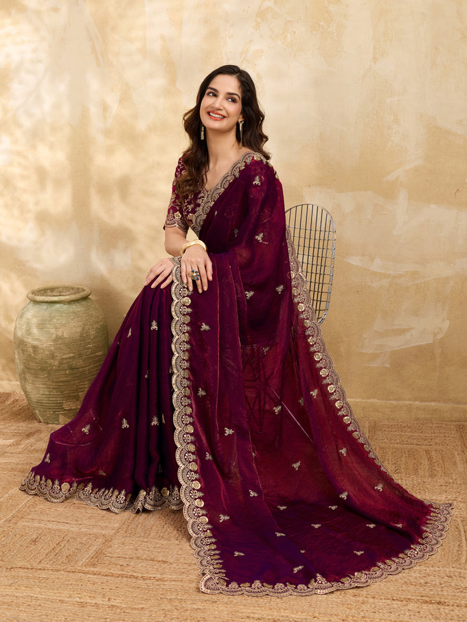 Maroon Satin Embroidery Work Saree with Unstitched Blouse Piece
