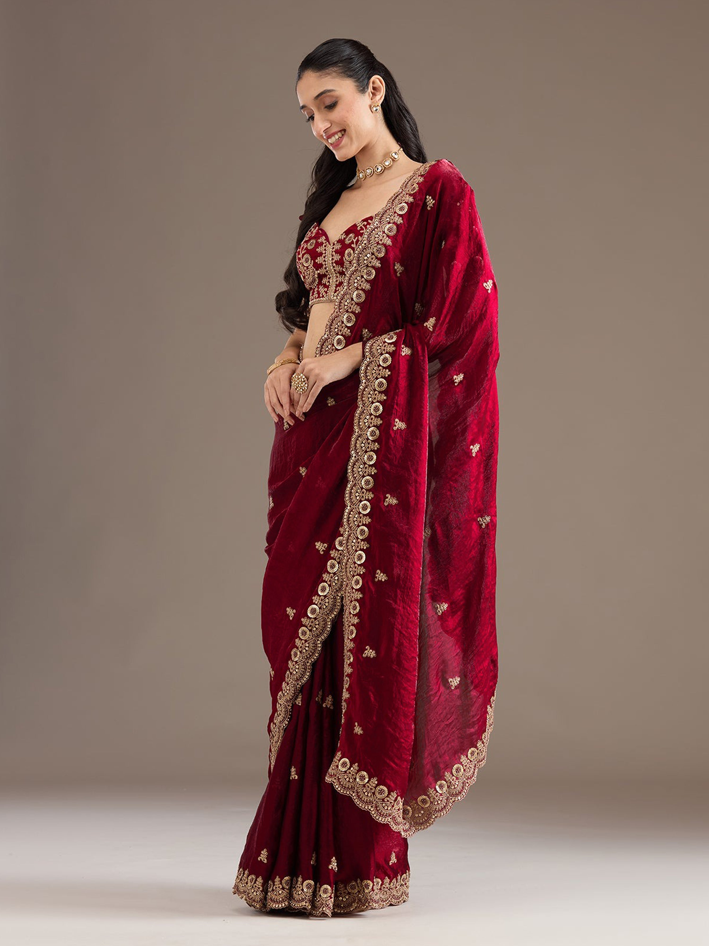Maroon Satin Embroidery Work Saree with Unstitched Blouse Piece