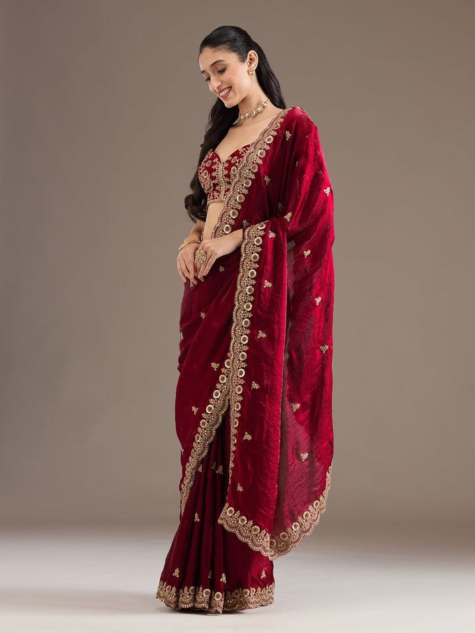 Maroon Satin Embroidery Work Saree with Unstitched Blouse Piece