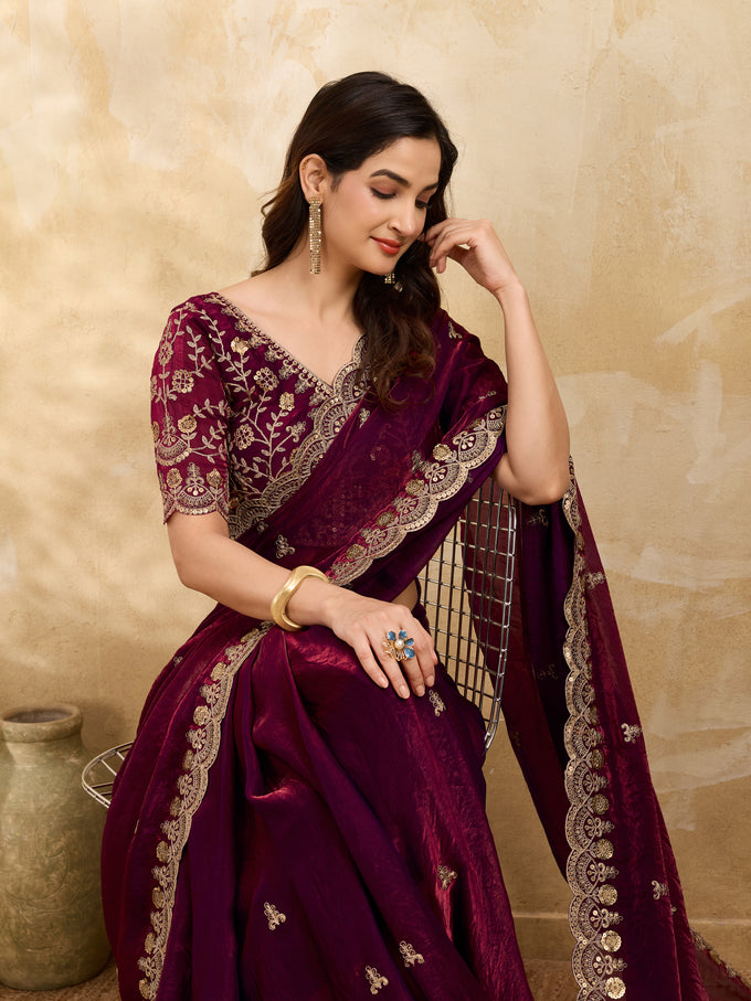 Maroon Satin Embroidery Work Saree with Unstitched Blouse Piece