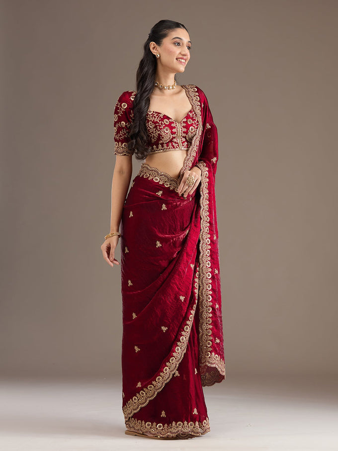 Maroon Satin Embroidery Work Saree with Unstitched Blouse Piece