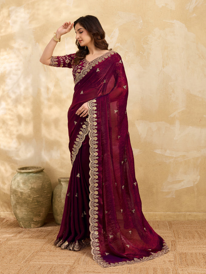 Maroon Satin Embroidery Work Saree with Unstitched Blouse Piece