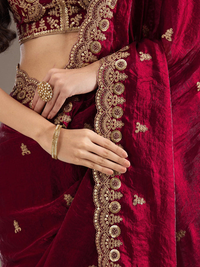 Maroon Satin Embroidery Work Saree with Unstitched Blouse Piece
