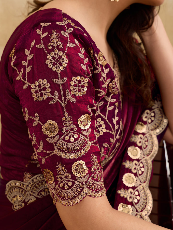 Maroon Satin Embroidery Work Saree with Unstitched Blouse Piece