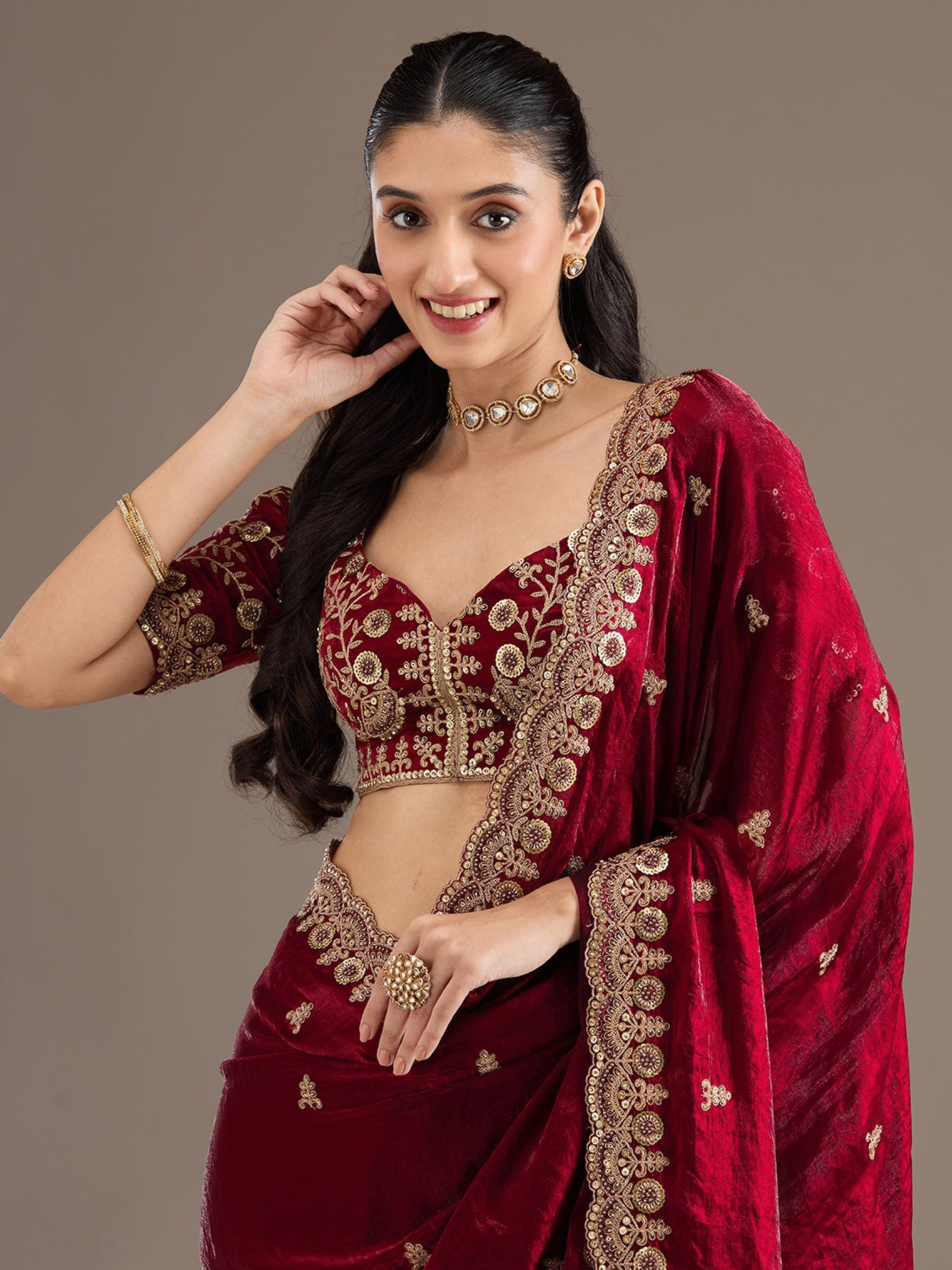 Maroon Satin Embroidery Work Saree with Unstitched Blouse Piece