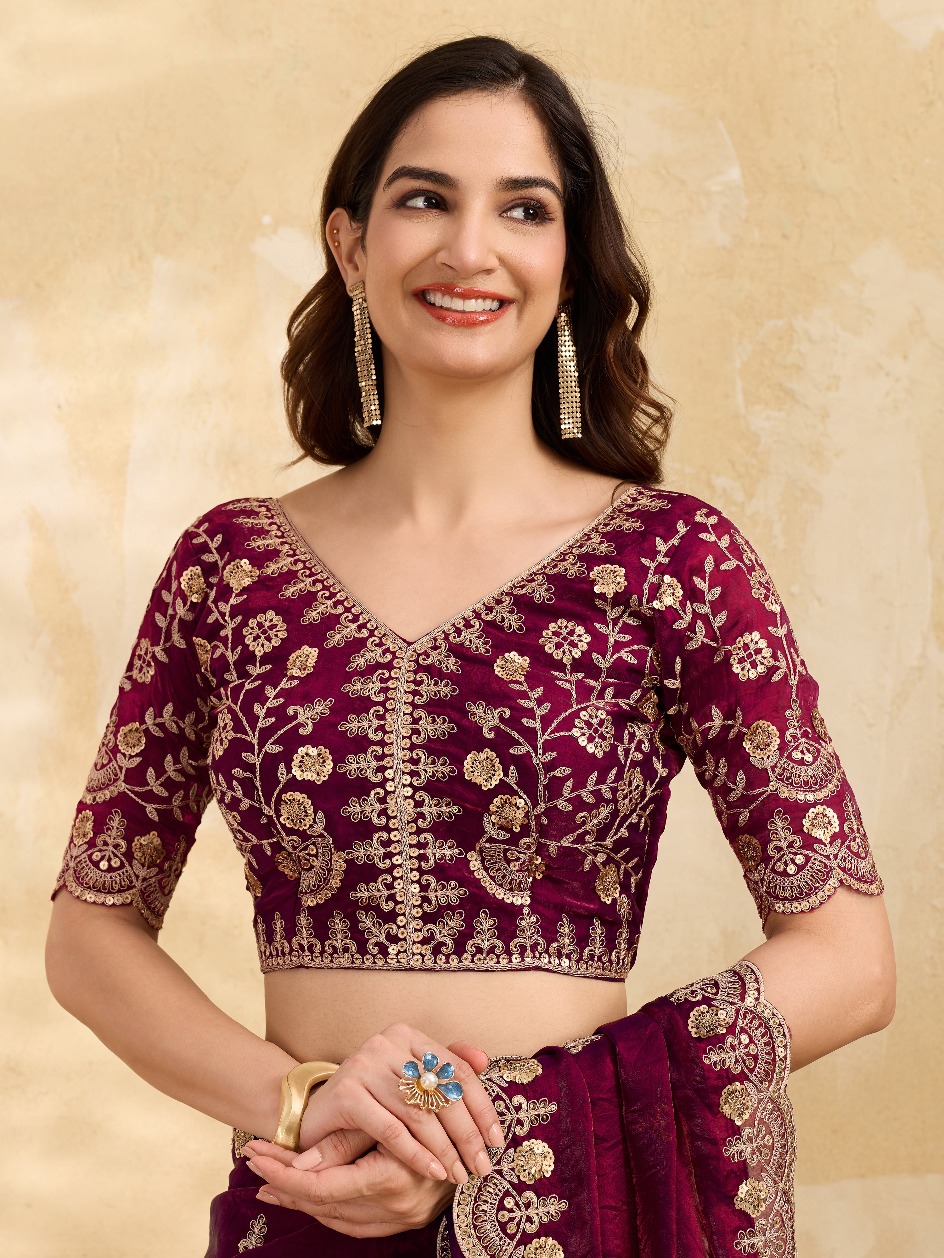 Maroon Satin Embroidery Work Saree with Unstitched Blouse Piece