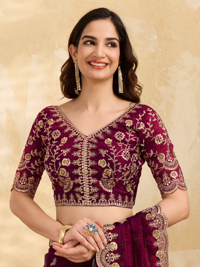 Maroon Satin Embroidery Work Saree with Unstitched Blouse Piece