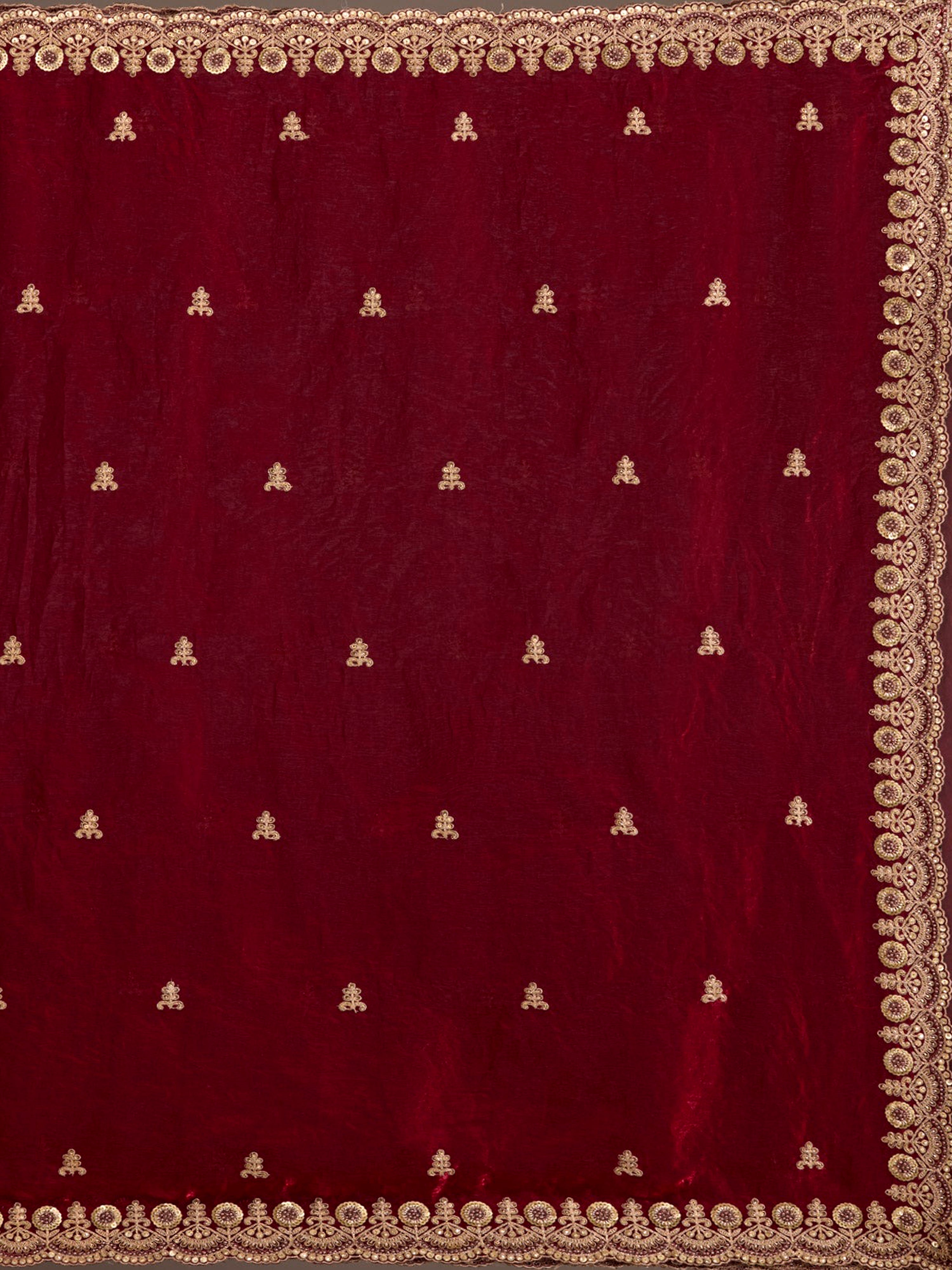 Maroon Satin Embroidery Work Saree with Unstitched Blouse Piece