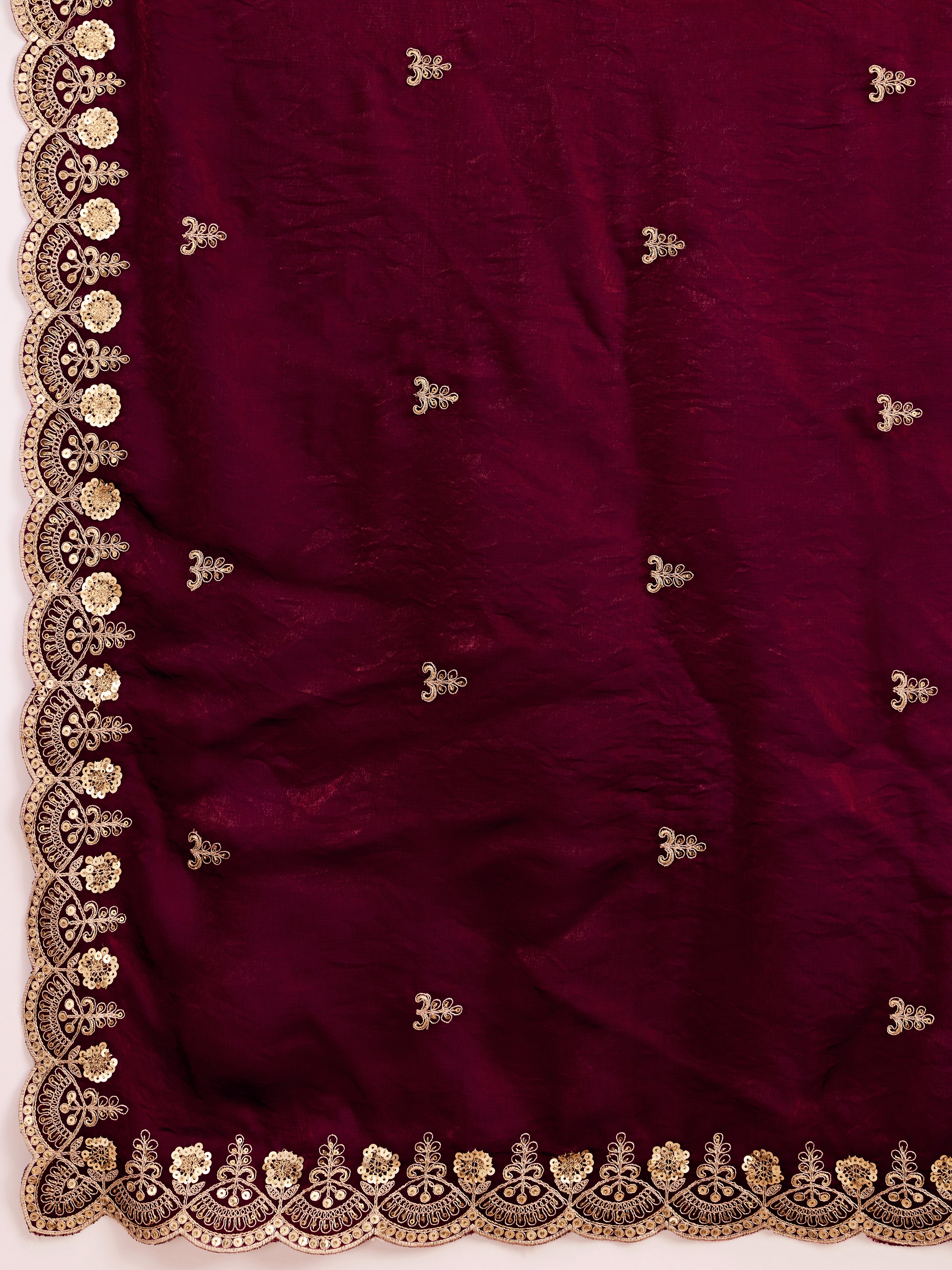 Maroon Satin Embroidery Work Saree with Unstitched Blouse Piece