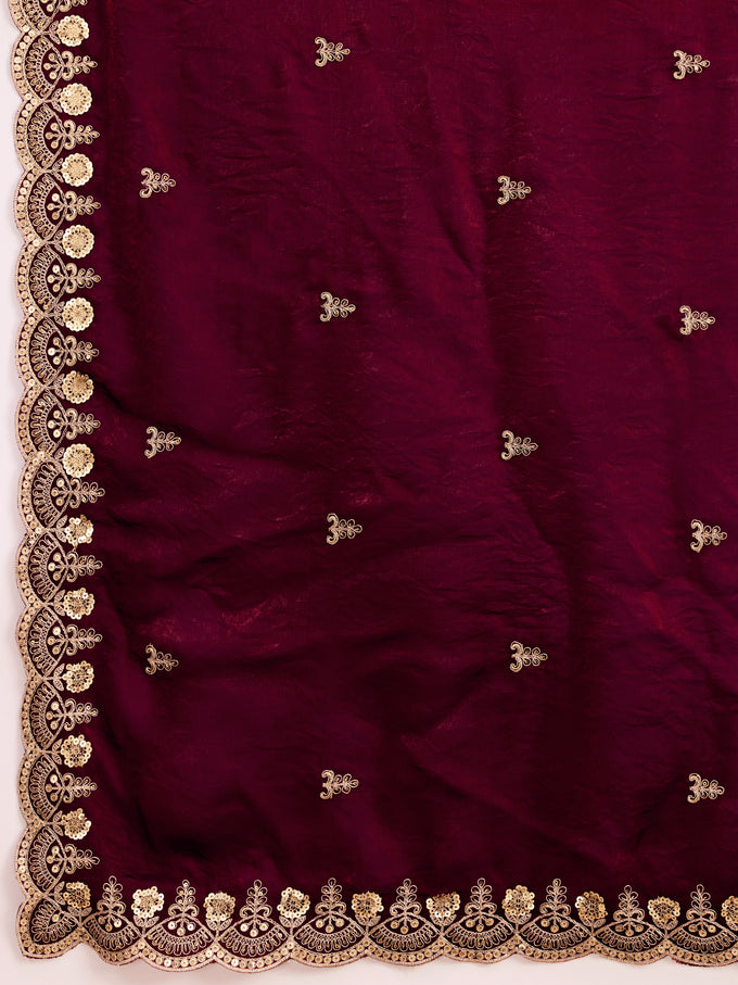 Maroon Satin Embroidery Work Saree with Unstitched Blouse Piece