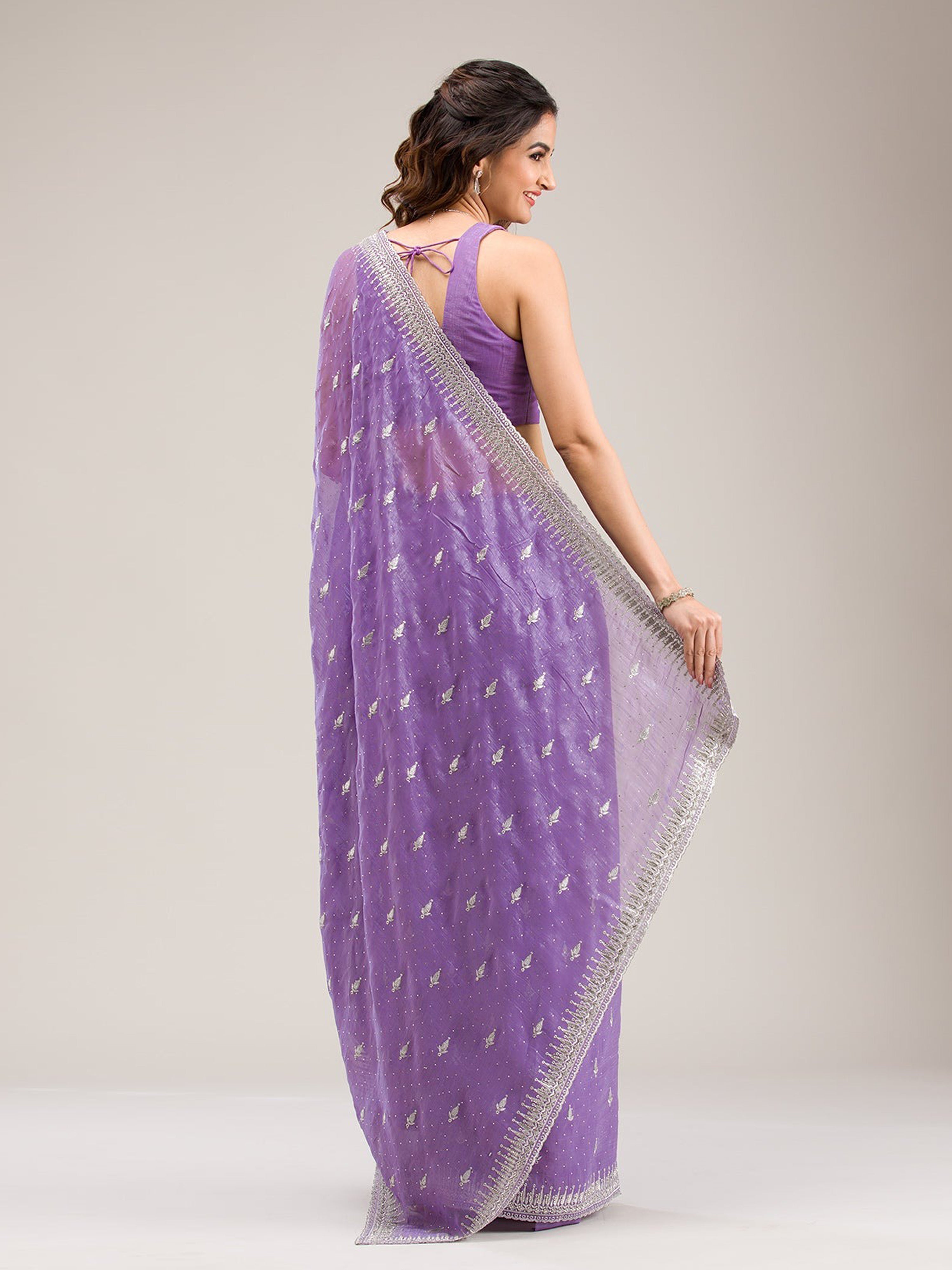 Purple Art Silk Embroidery With Siroski Work Saree with Unstitched Blouse Piece