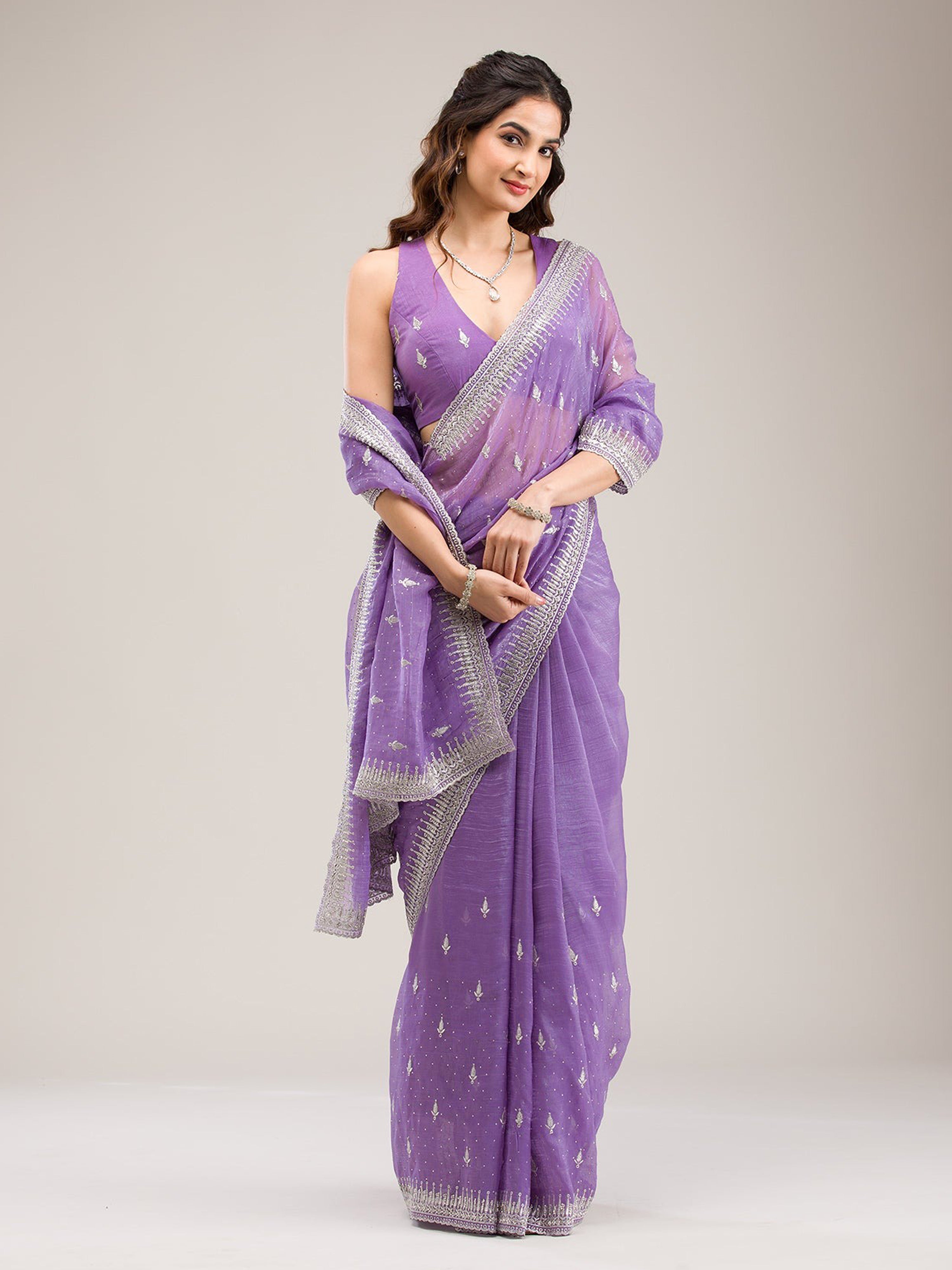Purple Art Silk Embroidery With Siroski Work Saree with Unstitched Blouse Piece