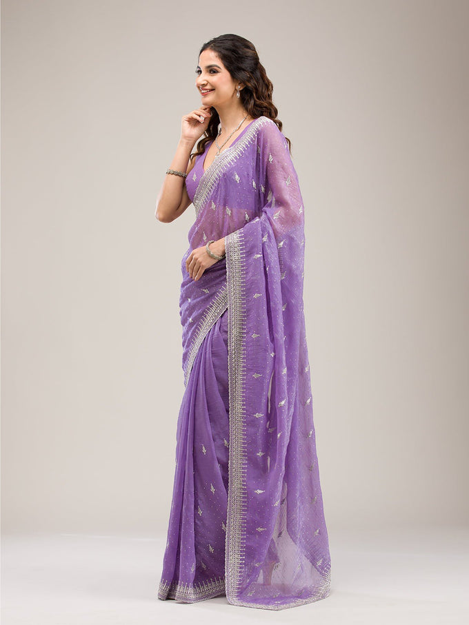 Purple Art Silk Embroidery With Siroski Work Saree with Unstitched Blouse Piece