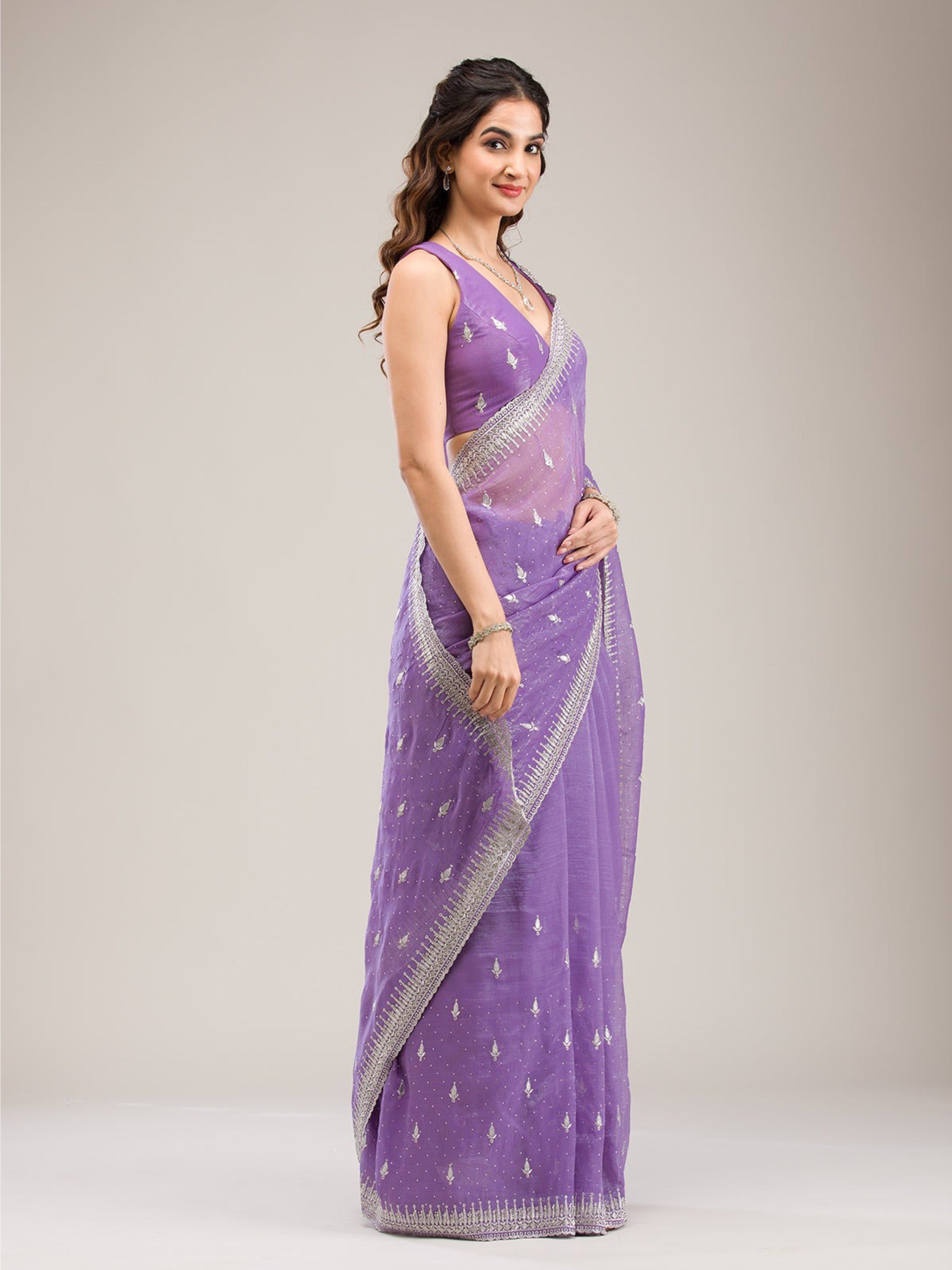 Purple Art Silk Embroidery With Siroski Work Saree with Unstitched Blouse Piece