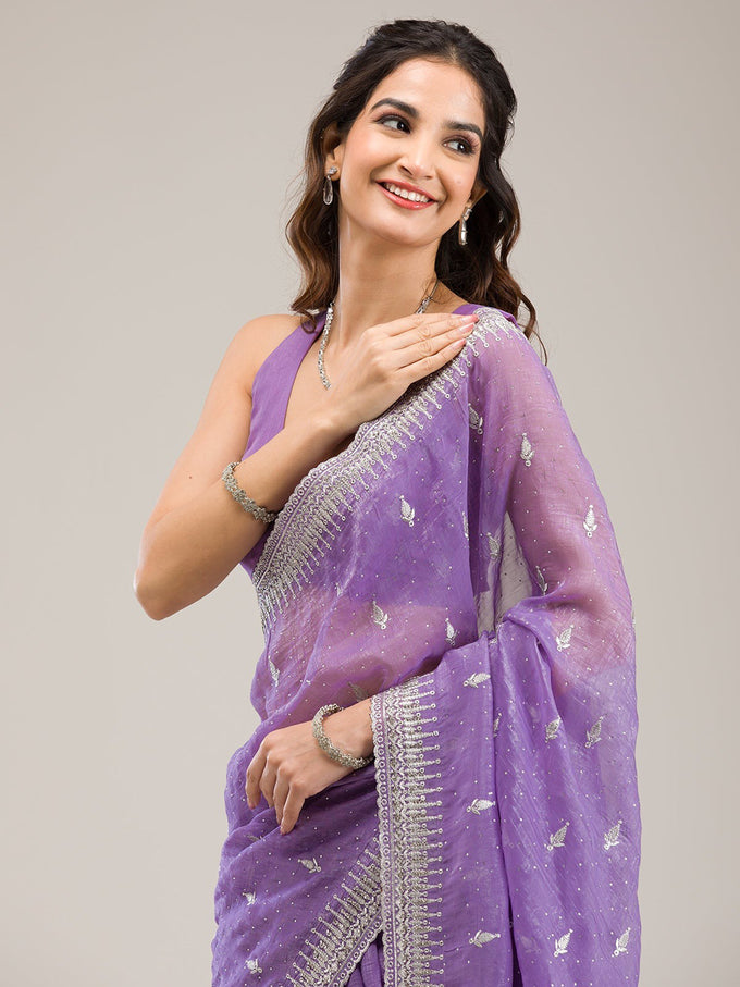 Purple Art Silk Embroidery With Siroski Work Saree with Unstitched Blouse Piece