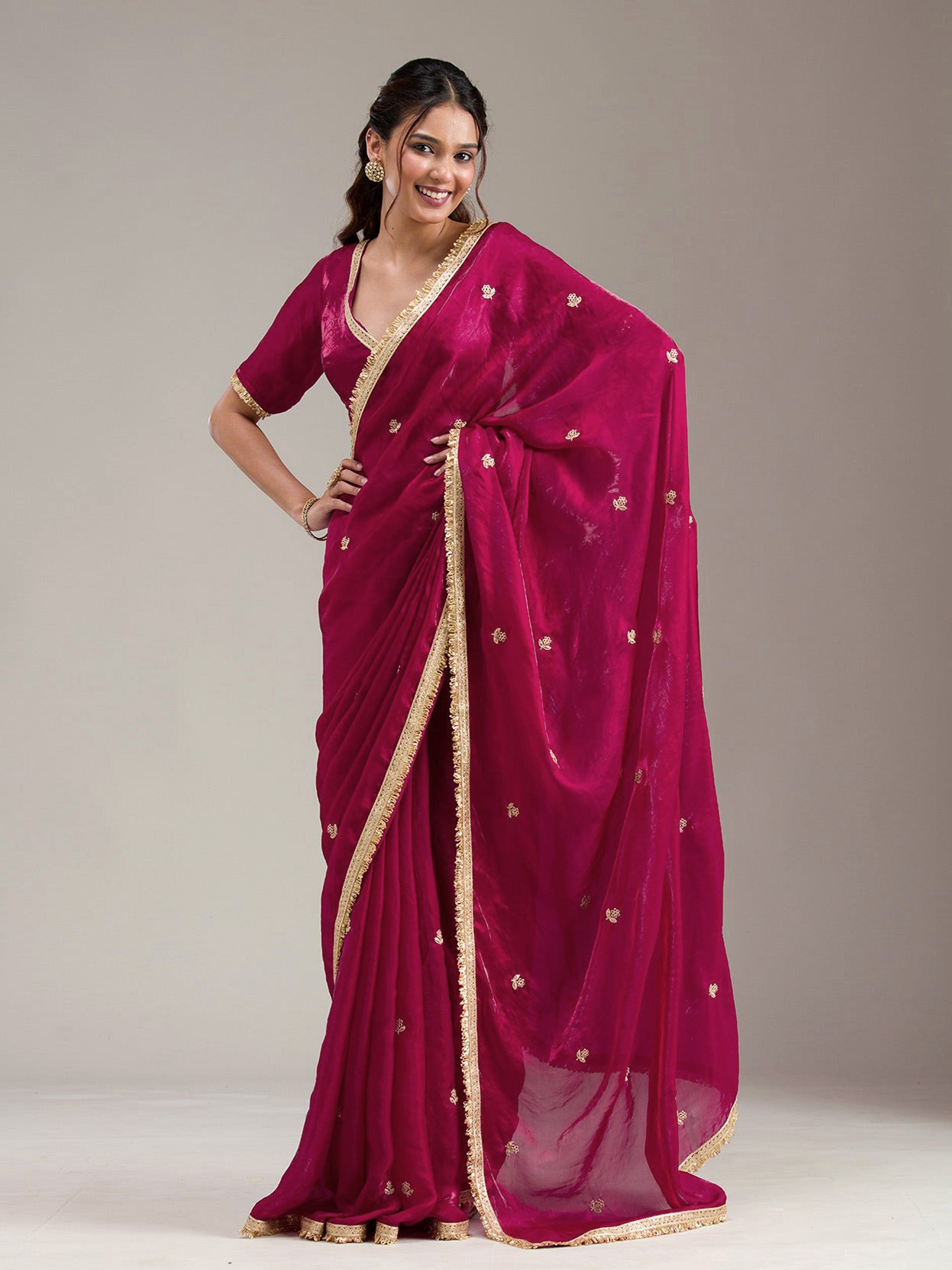Darkpink Fandy Satin Embroidery Work Saree with Unstitched Blouse Piece