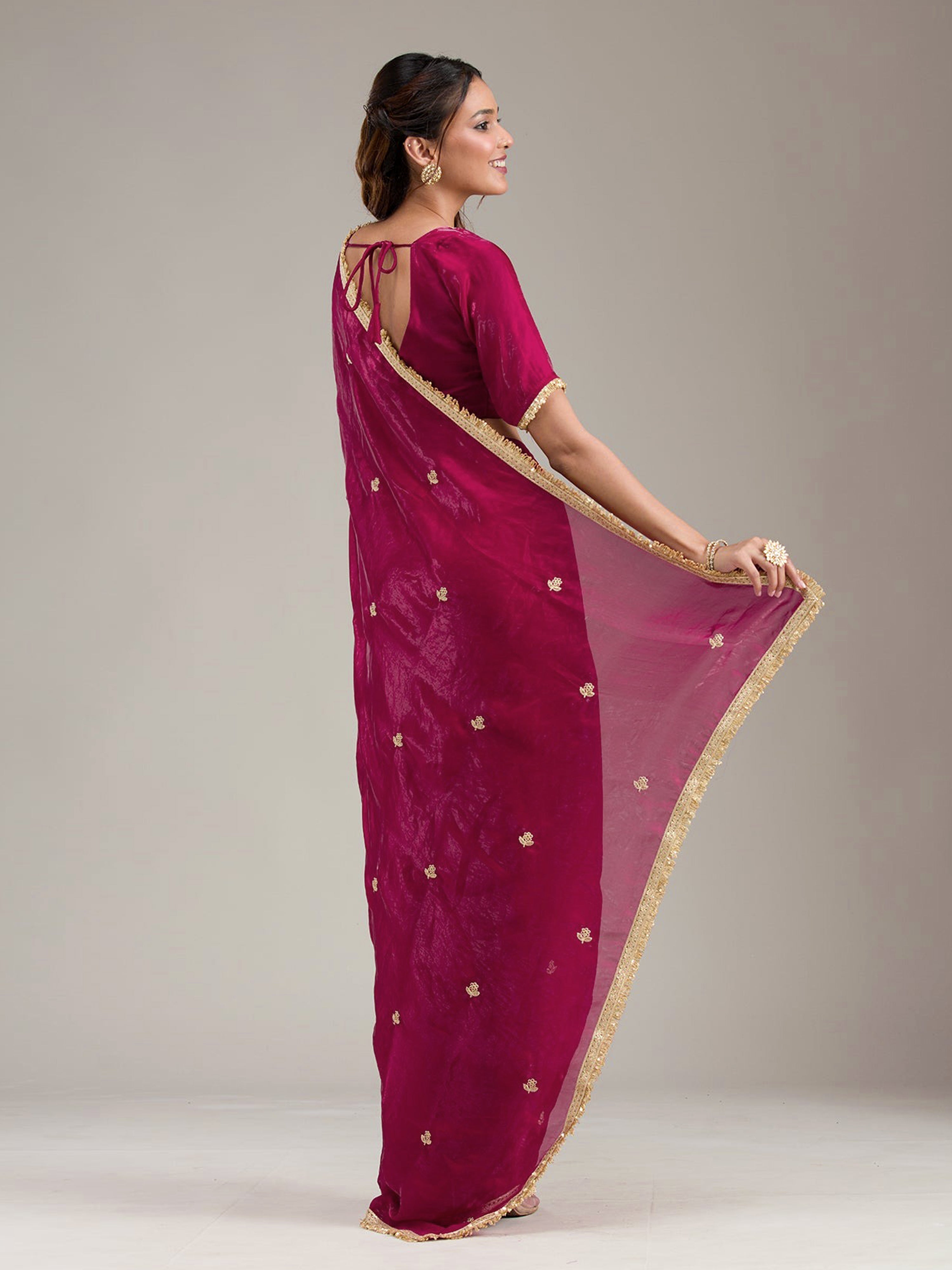Darkpink Fandy Satin Embroidery Work Saree with Unstitched Blouse Piece