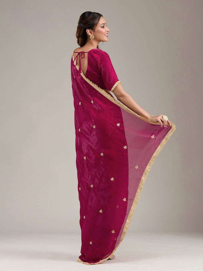Darkpink Fandy Satin Embroidery Work Saree with Unstitched Blouse Piece