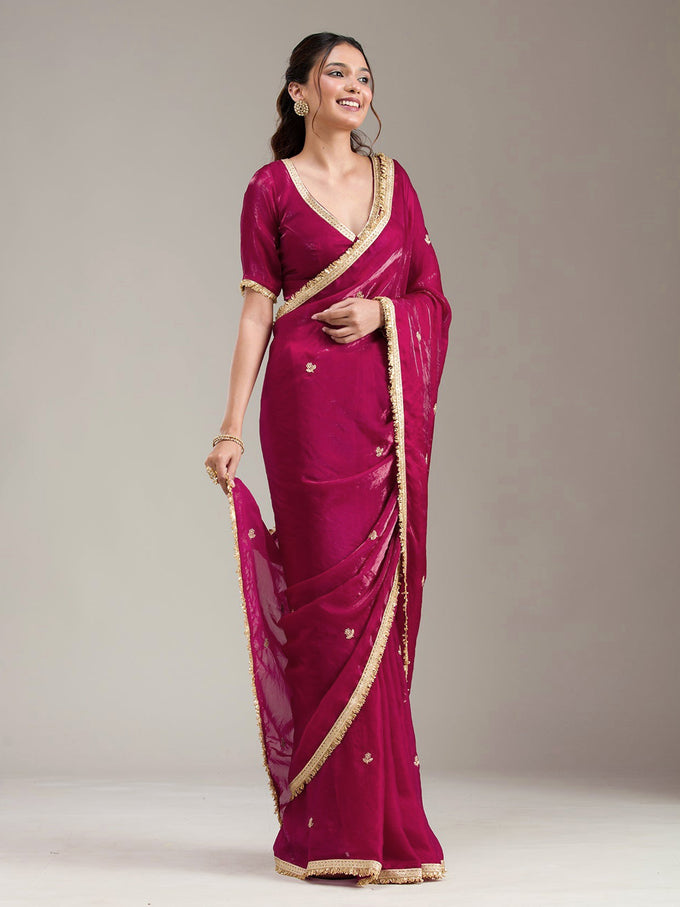 Darkpink Fandy Satin Embroidery Work Saree with Unstitched Blouse Piece