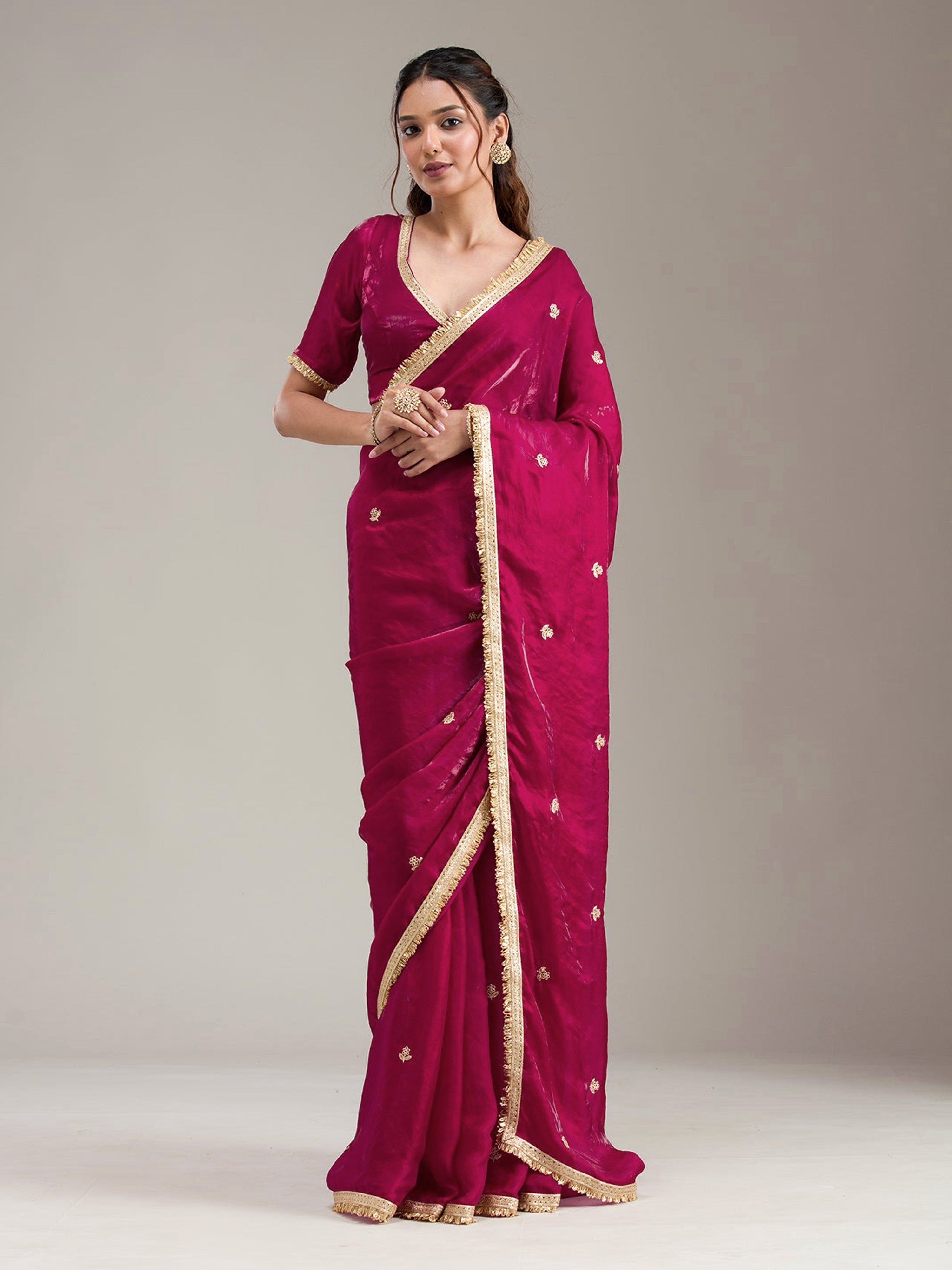 Darkpink Fandy Satin Embroidery Work Saree with Unstitched Blouse Piece