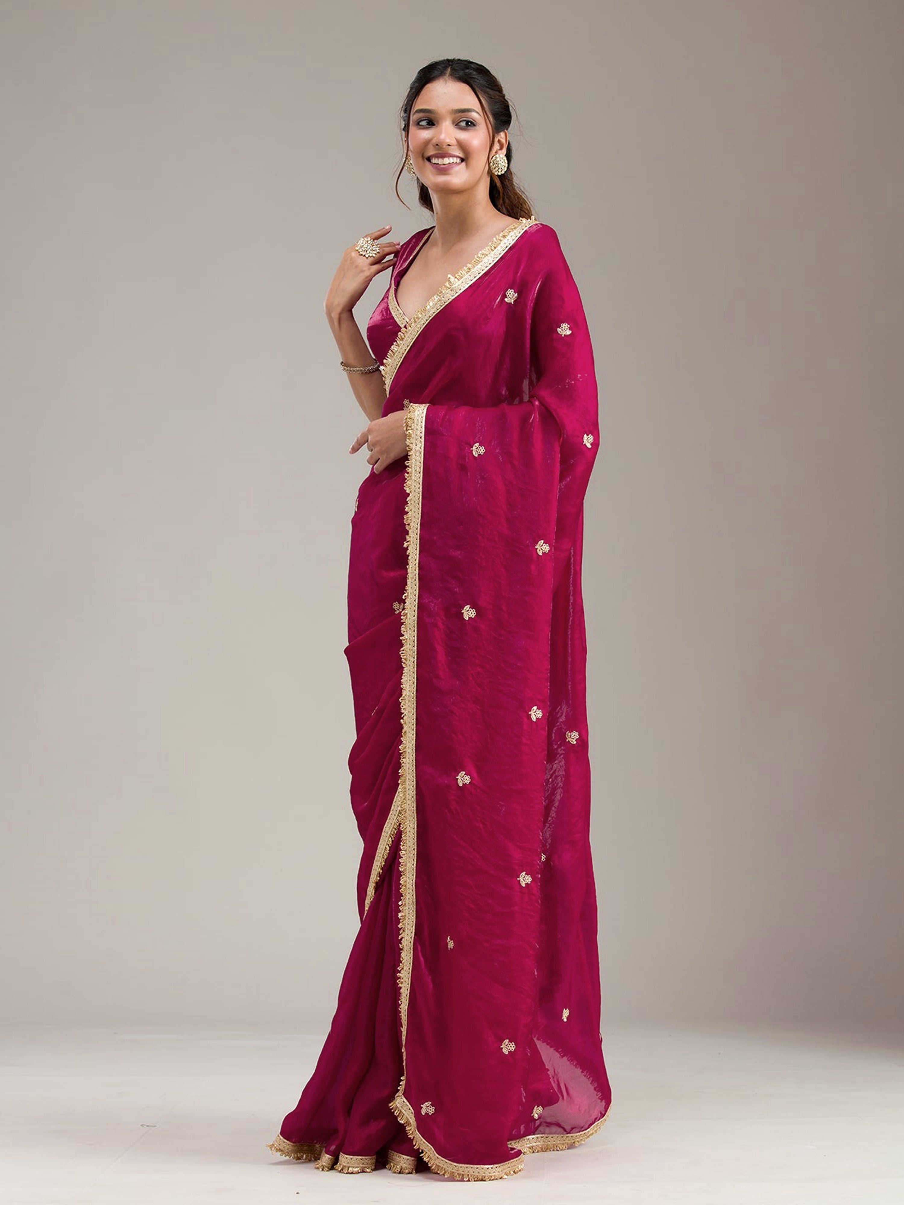 Darkpink Fandy Satin Embroidery Work Saree with Unstitched Blouse Piece