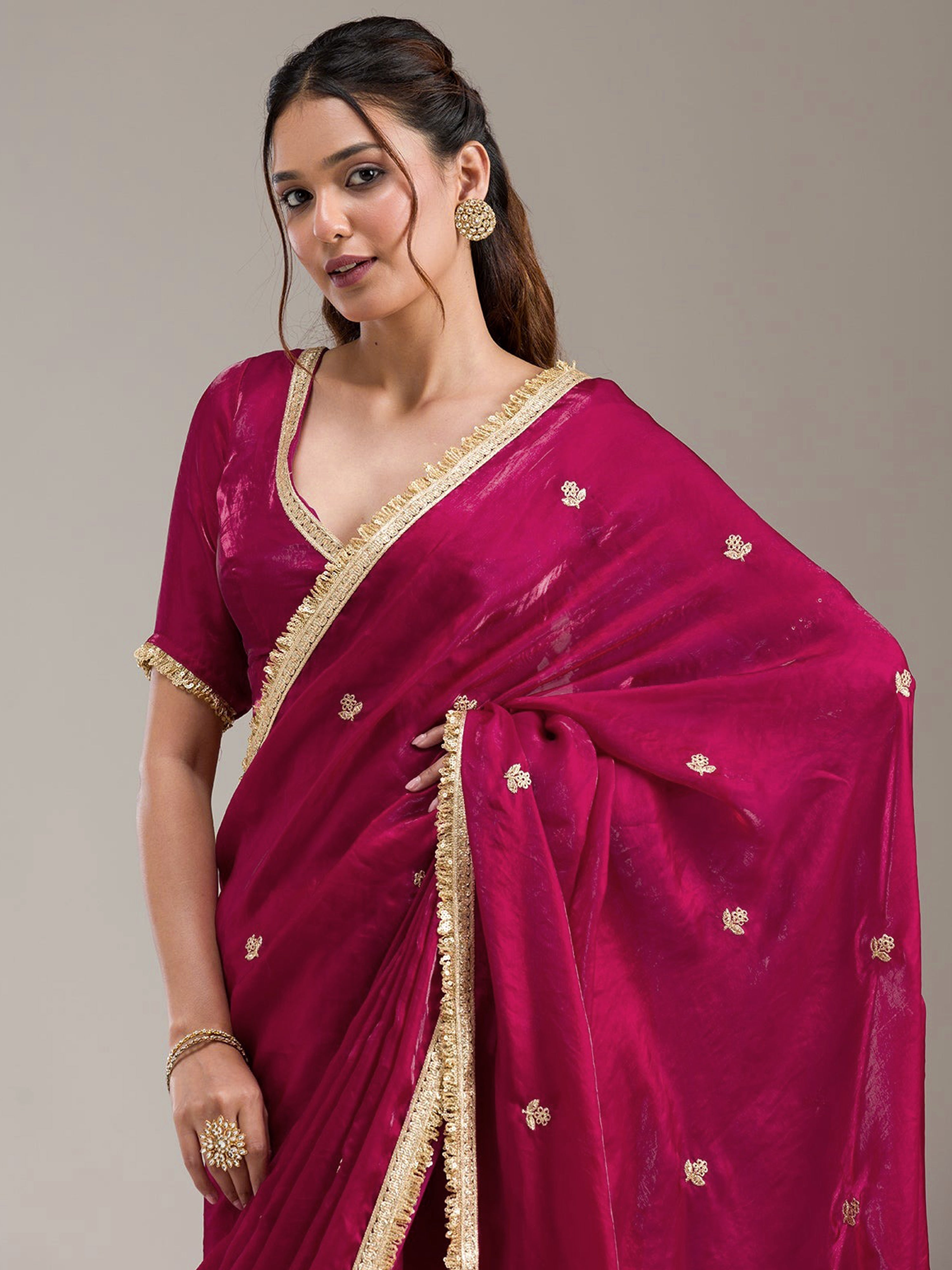 Darkpink Fandy Satin Embroidery Work Saree with Unstitched Blouse Piece