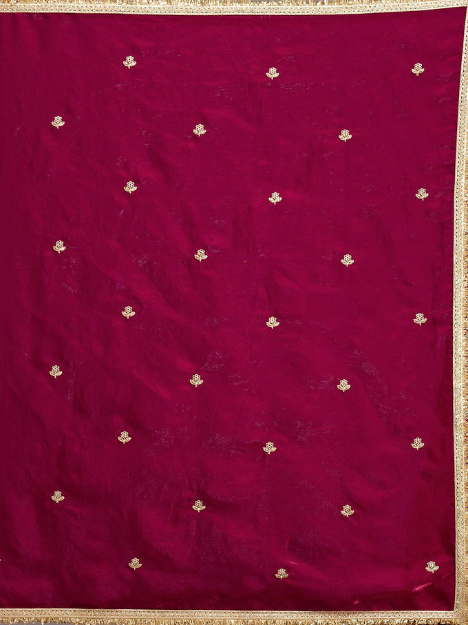 Darkpink Fandy Satin Embroidery Work Saree with Unstitched Blouse Piece