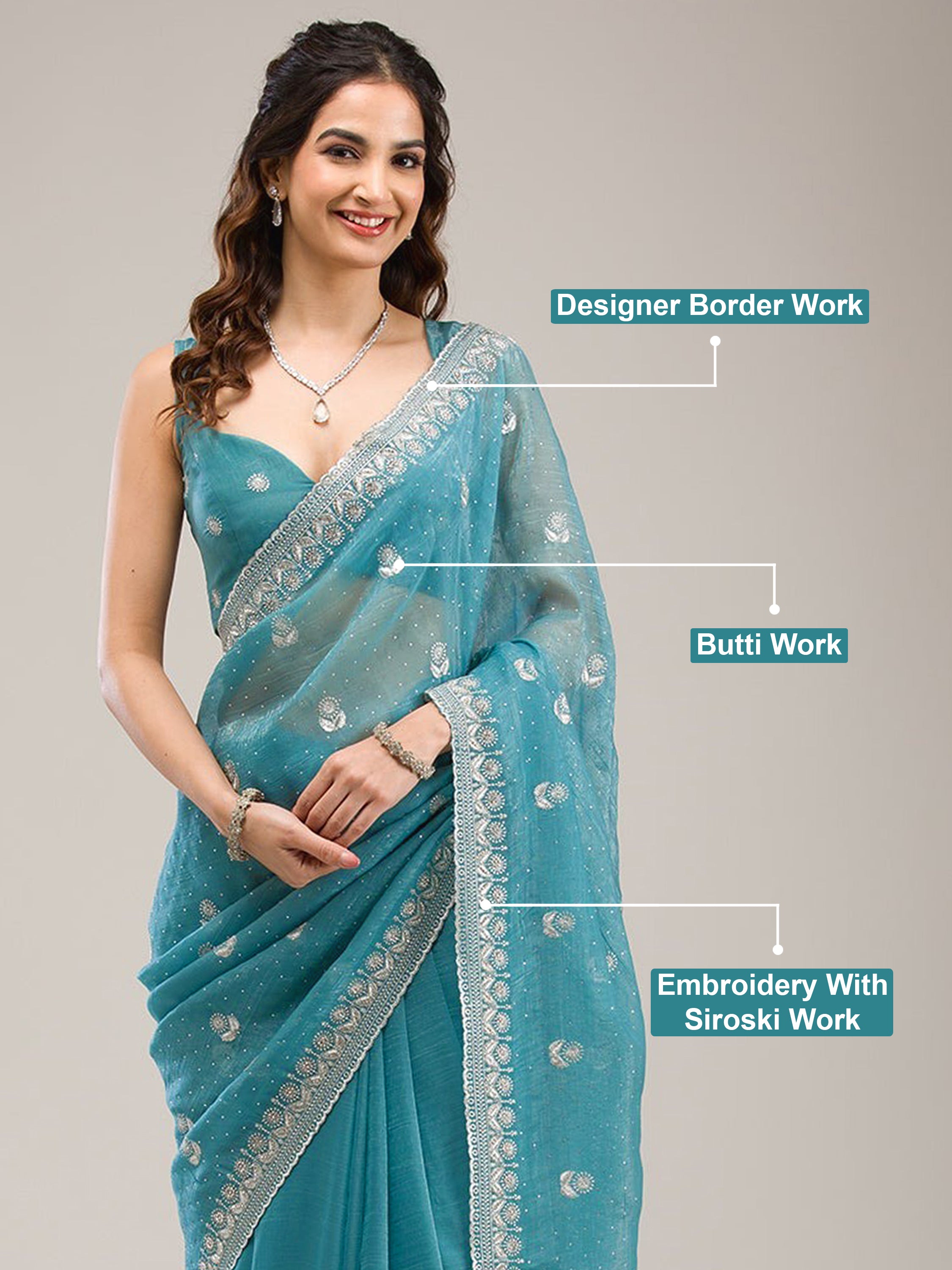 Turquise Art Silk Embroidery  Work Saree with Unstitched Blouse Piece