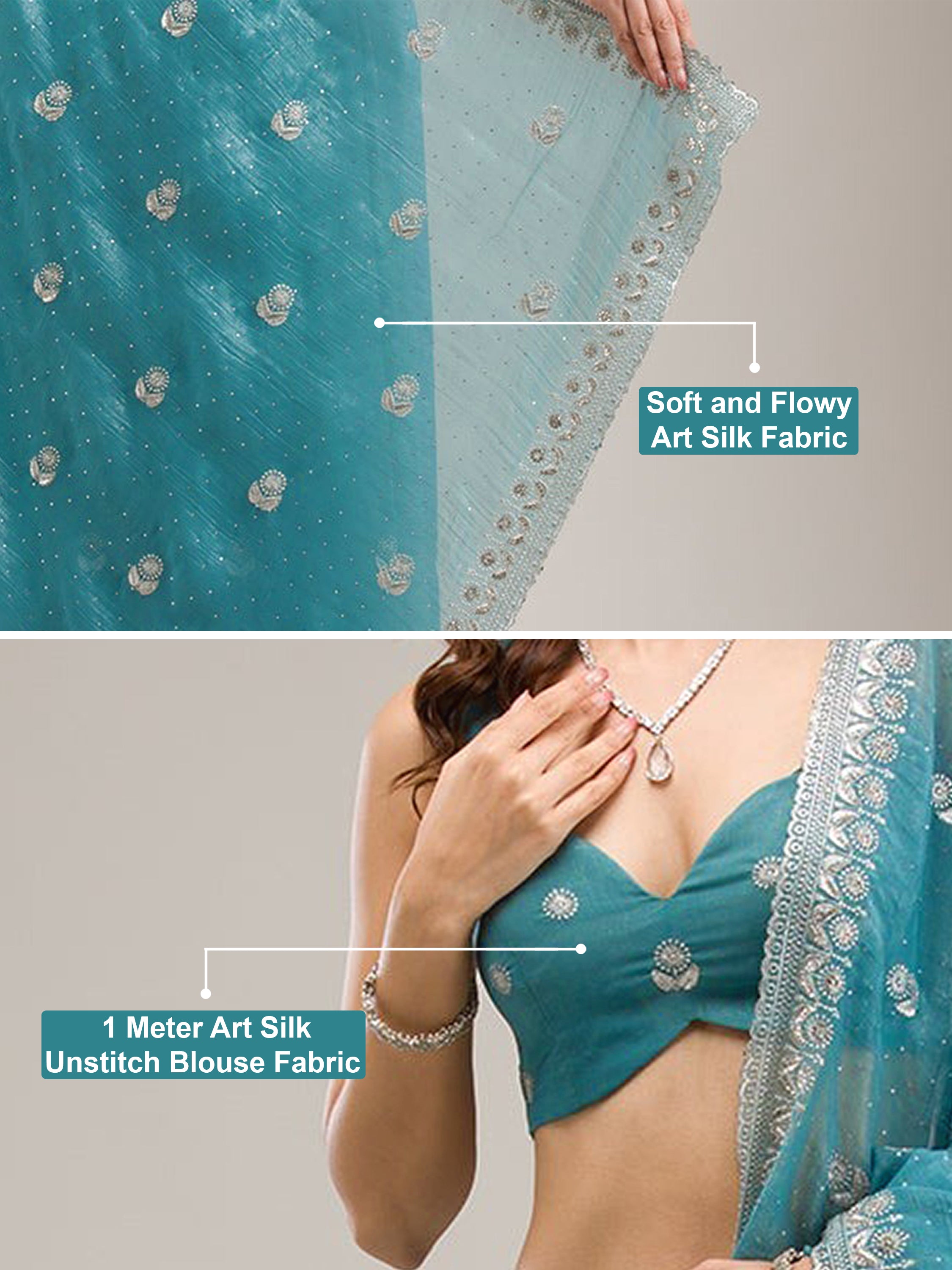 Turquise Art Silk Embroidery  Work Saree with Unstitched Blouse Piece