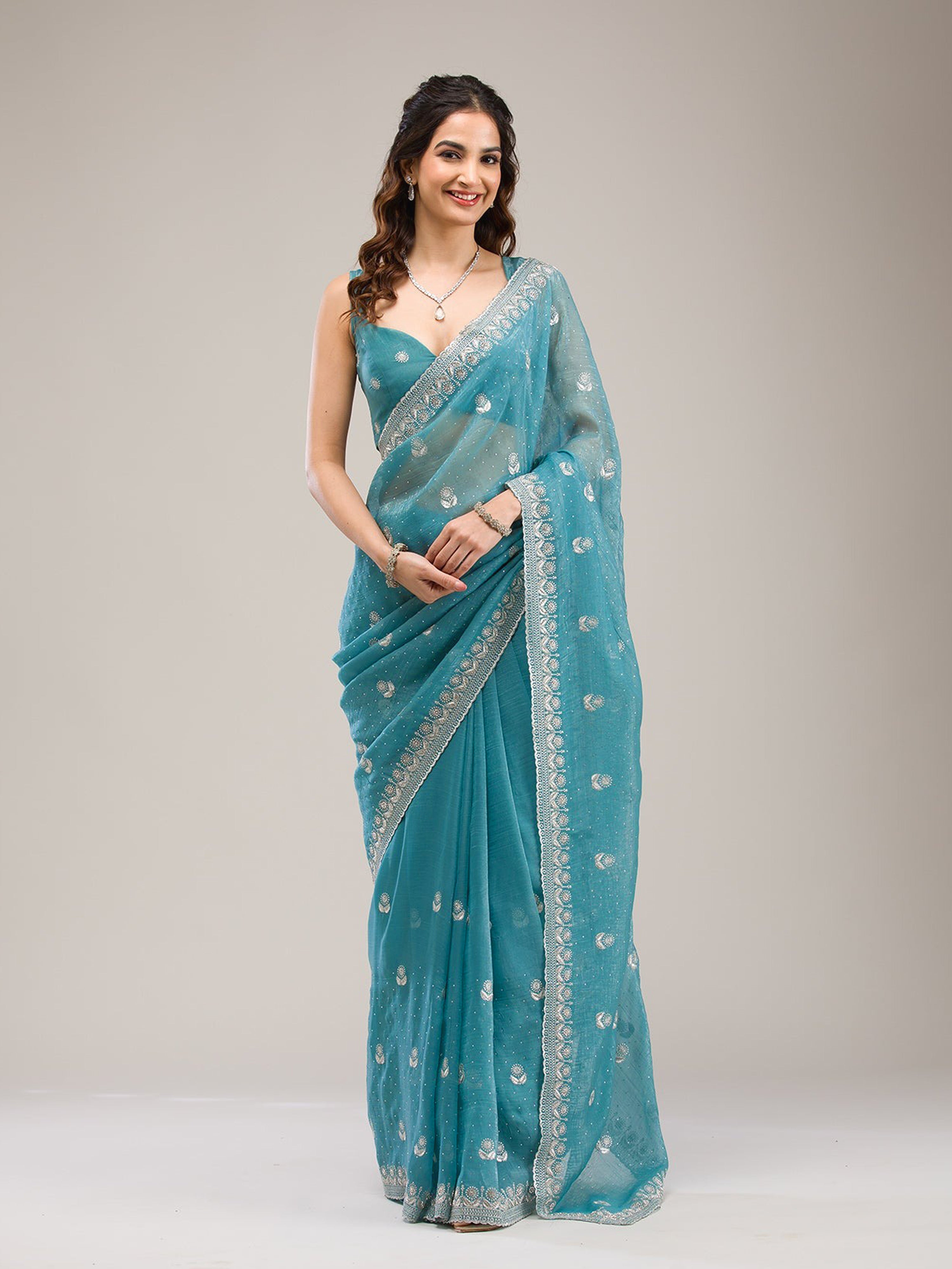 Turquise Art Silk Embroidery  Work Saree with Unstitched Blouse Piece