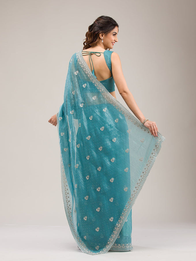 Turquise Art Silk Embroidery  Work Saree with Unstitched Blouse Piece