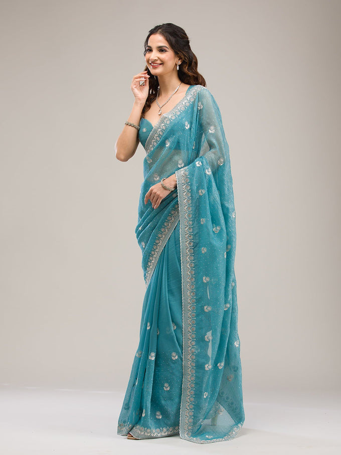 Turquise Art Silk Embroidery  Work Saree with Unstitched Blouse Piece
