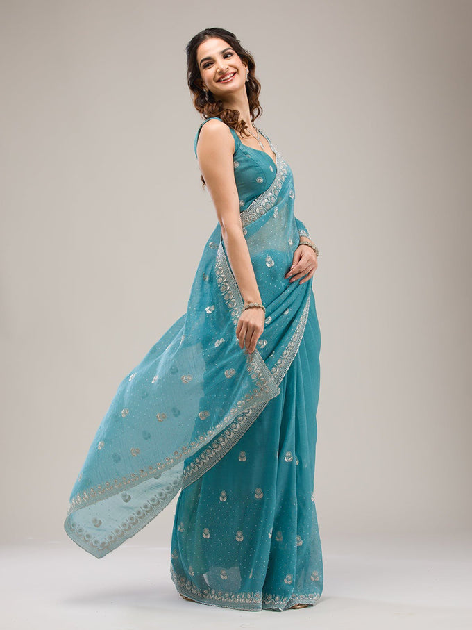Turquise Art Silk Embroidery  Work Saree with Unstitched Blouse Piece