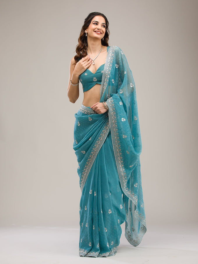 Turquise Art Silk Embroidery  Work Saree with Unstitched Blouse Piece