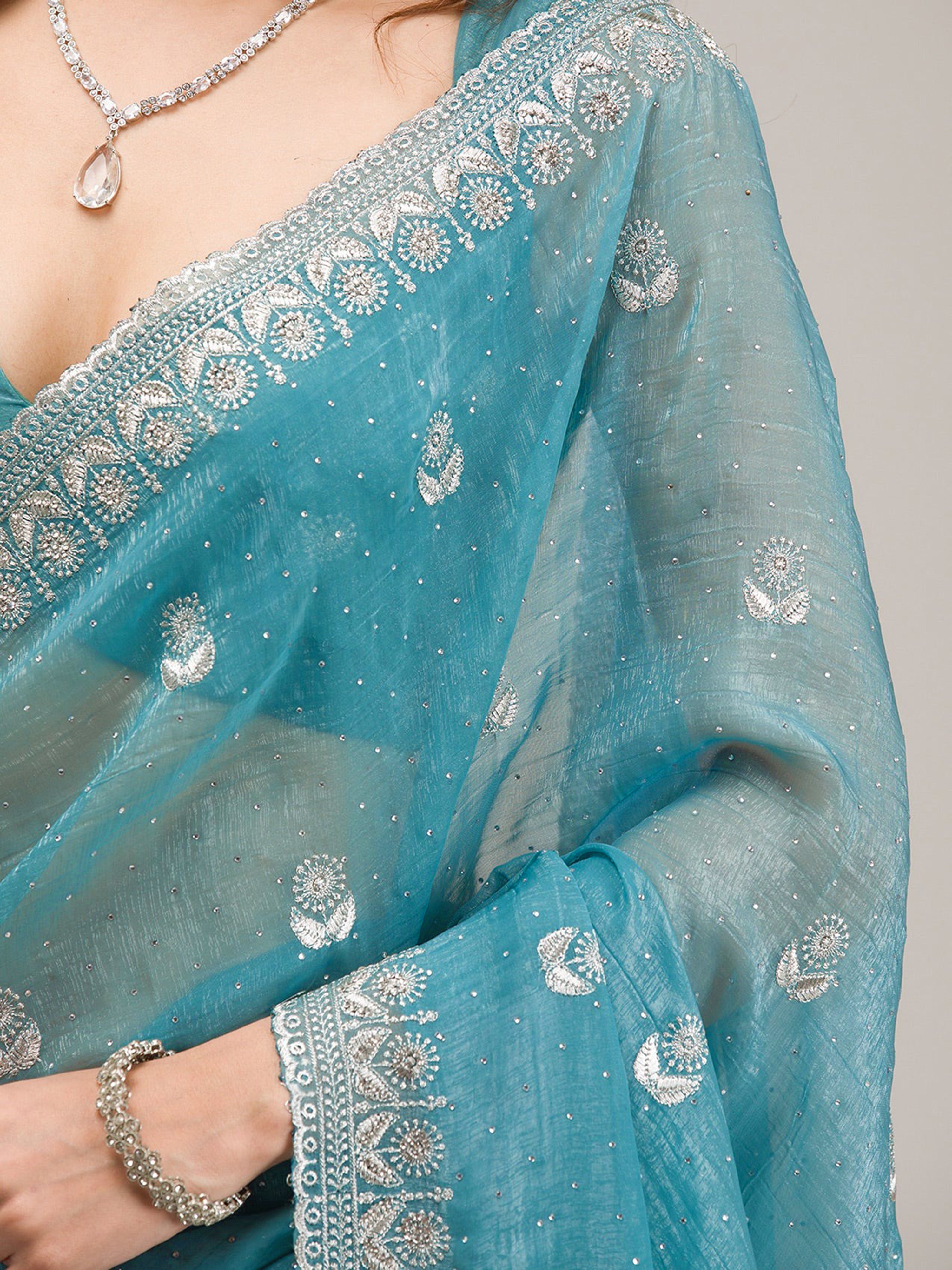 Turquise Art Silk Embroidery  Work Saree with Unstitched Blouse Piece