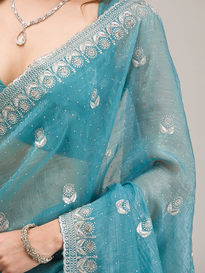 Turquise Art Silk Embroidery  Work Saree with Unstitched Blouse Piece