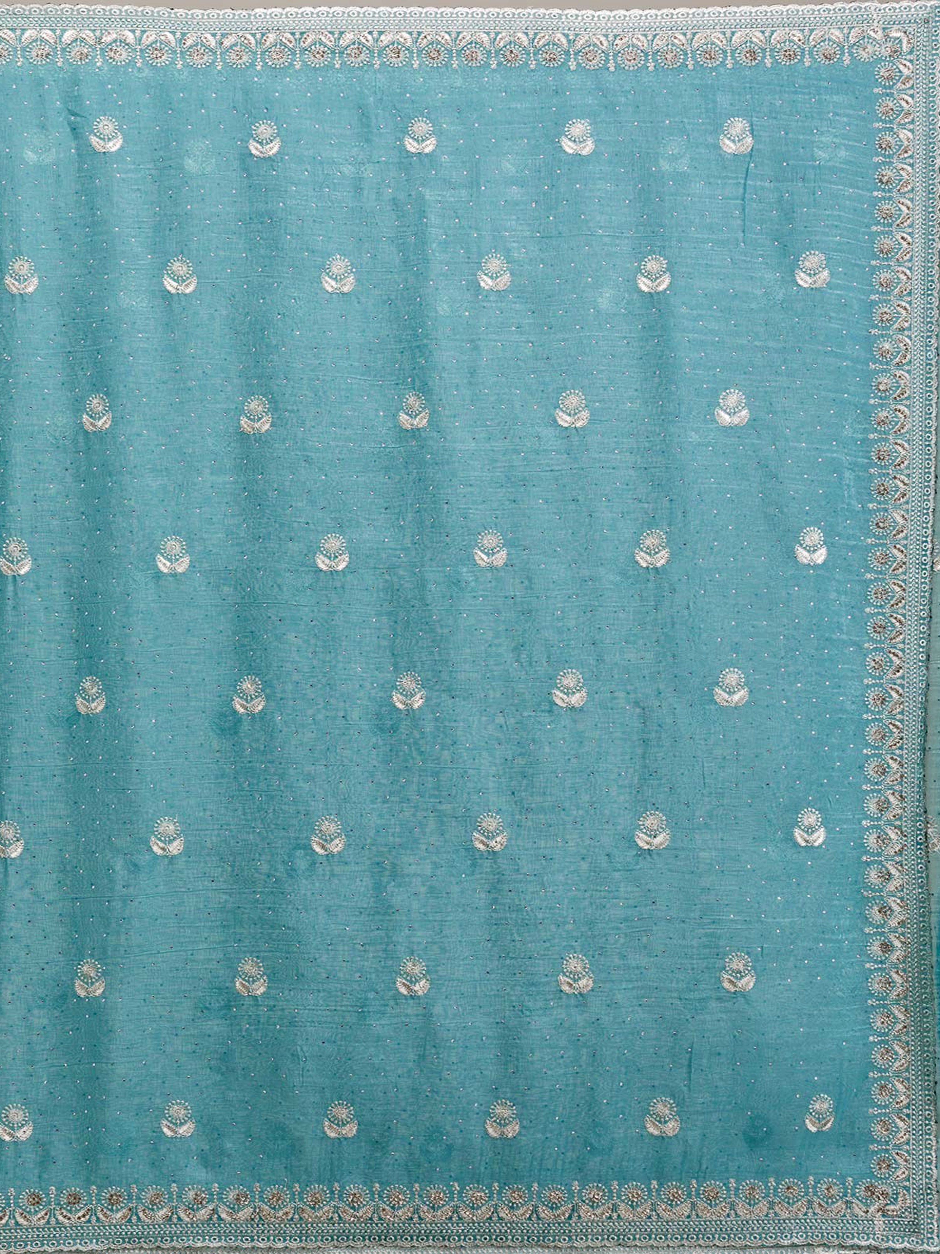 Turquise Art Silk Embroidery  Work Saree with Unstitched Blouse Piece