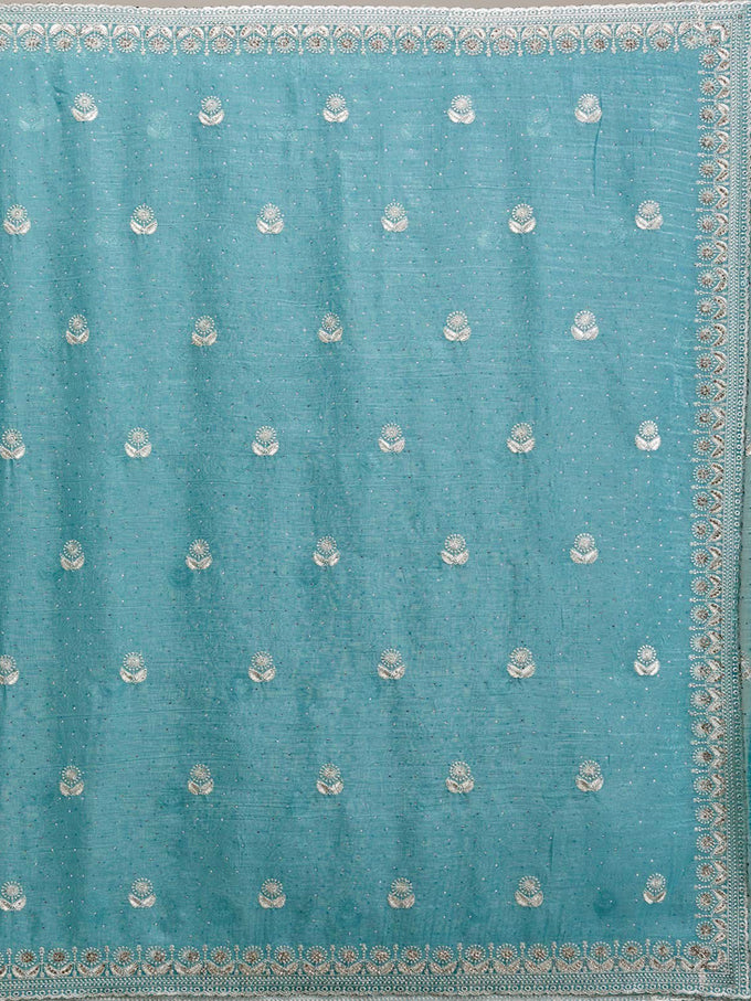 Turquise Art Silk Embroidery  Work Saree with Unstitched Blouse Piece