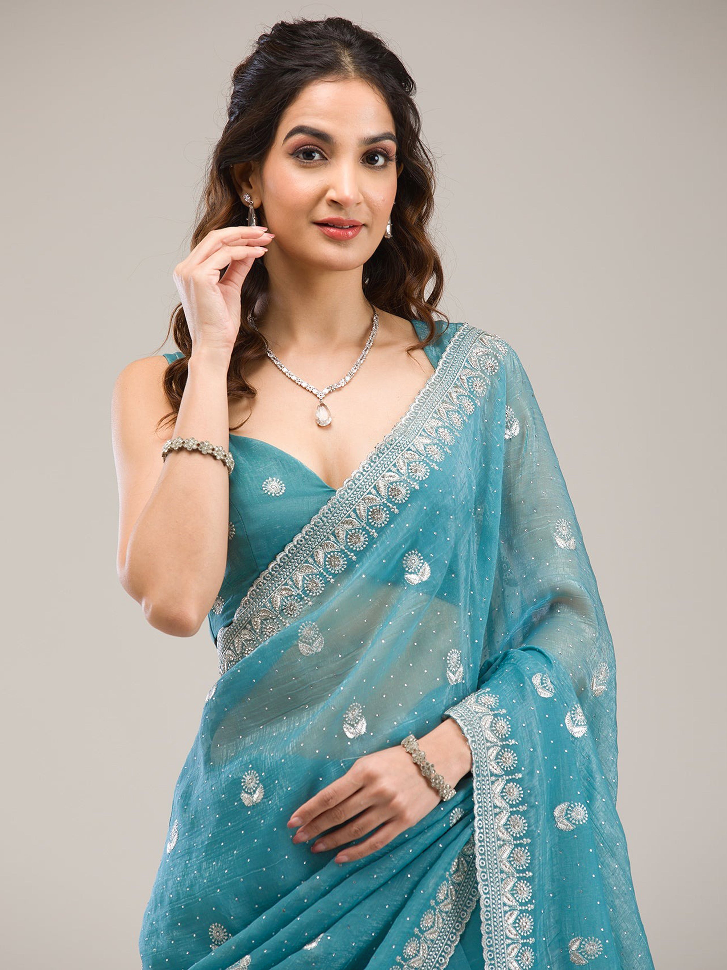 Turquise Art Silk Embroidery  Work Saree with Unstitched Blouse Piece