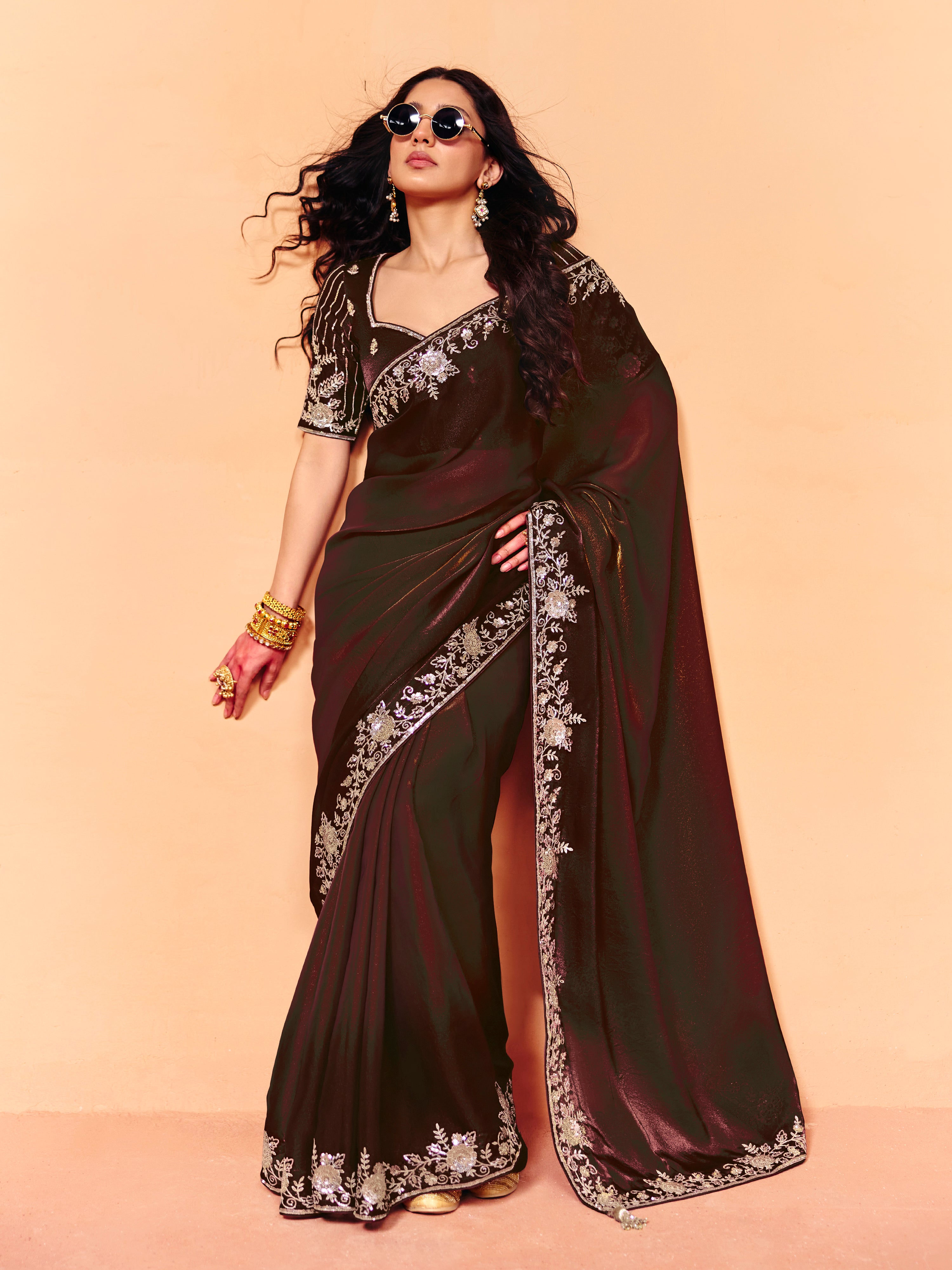 Brown Satin Embroidery Work Saree with Unstitched Blouse Piece