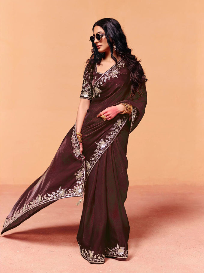 Brown Satin Embroidery Work Saree with Unstitched Blouse Piece