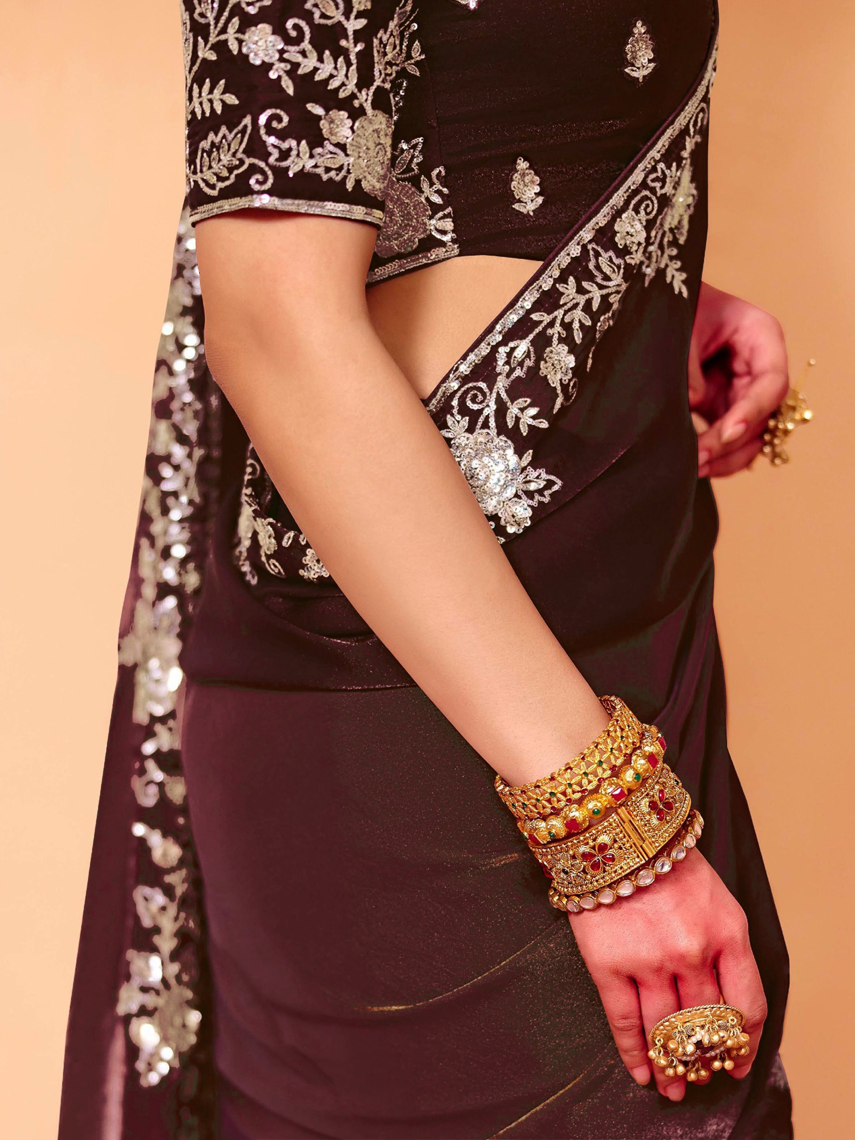 Brown Satin Embroidery Work Saree with Unstitched Blouse Piece