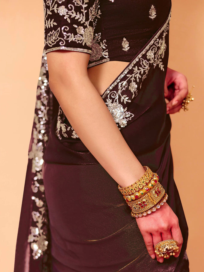 Brown Satin Embroidery Work Saree with Unstitched Blouse Piece