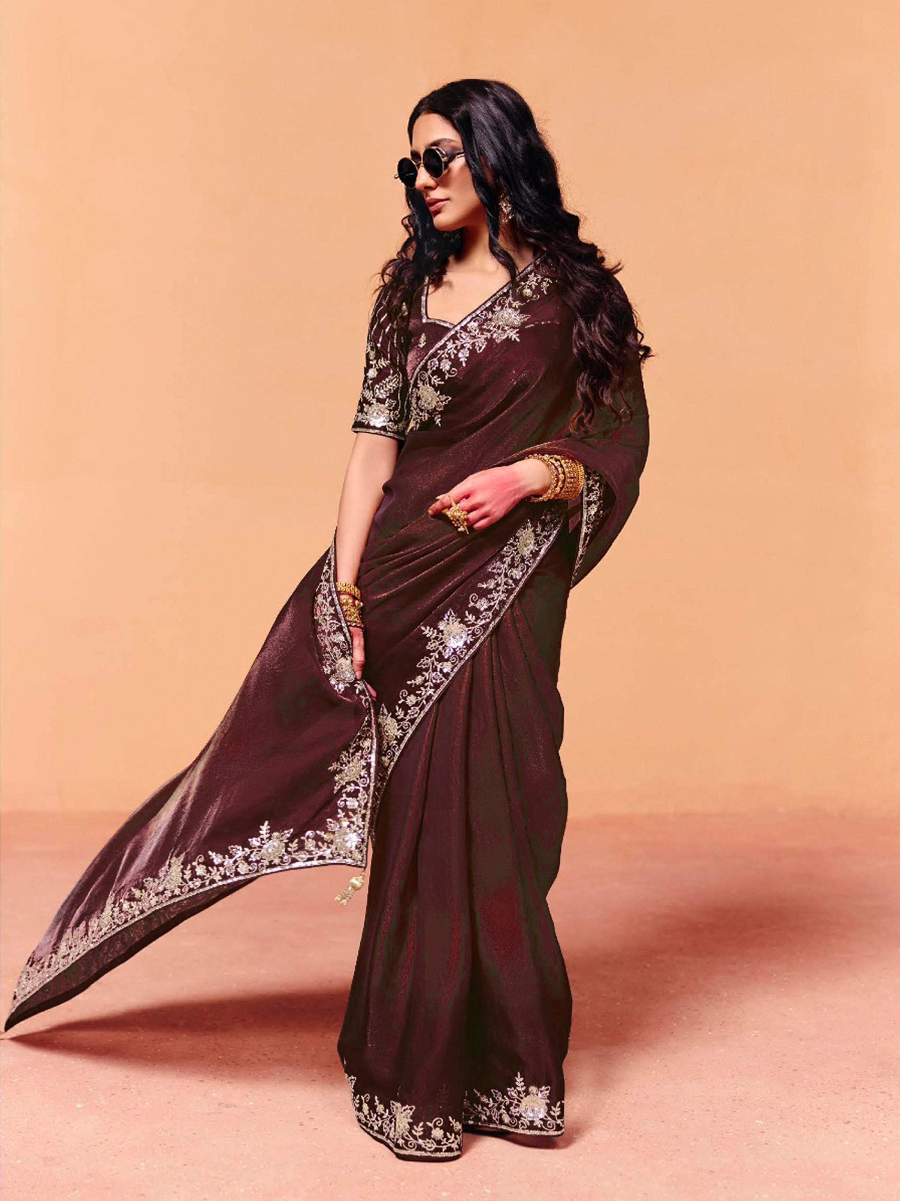 Brown Satin Embroidery Work Saree with Unstitched Blouse Piece